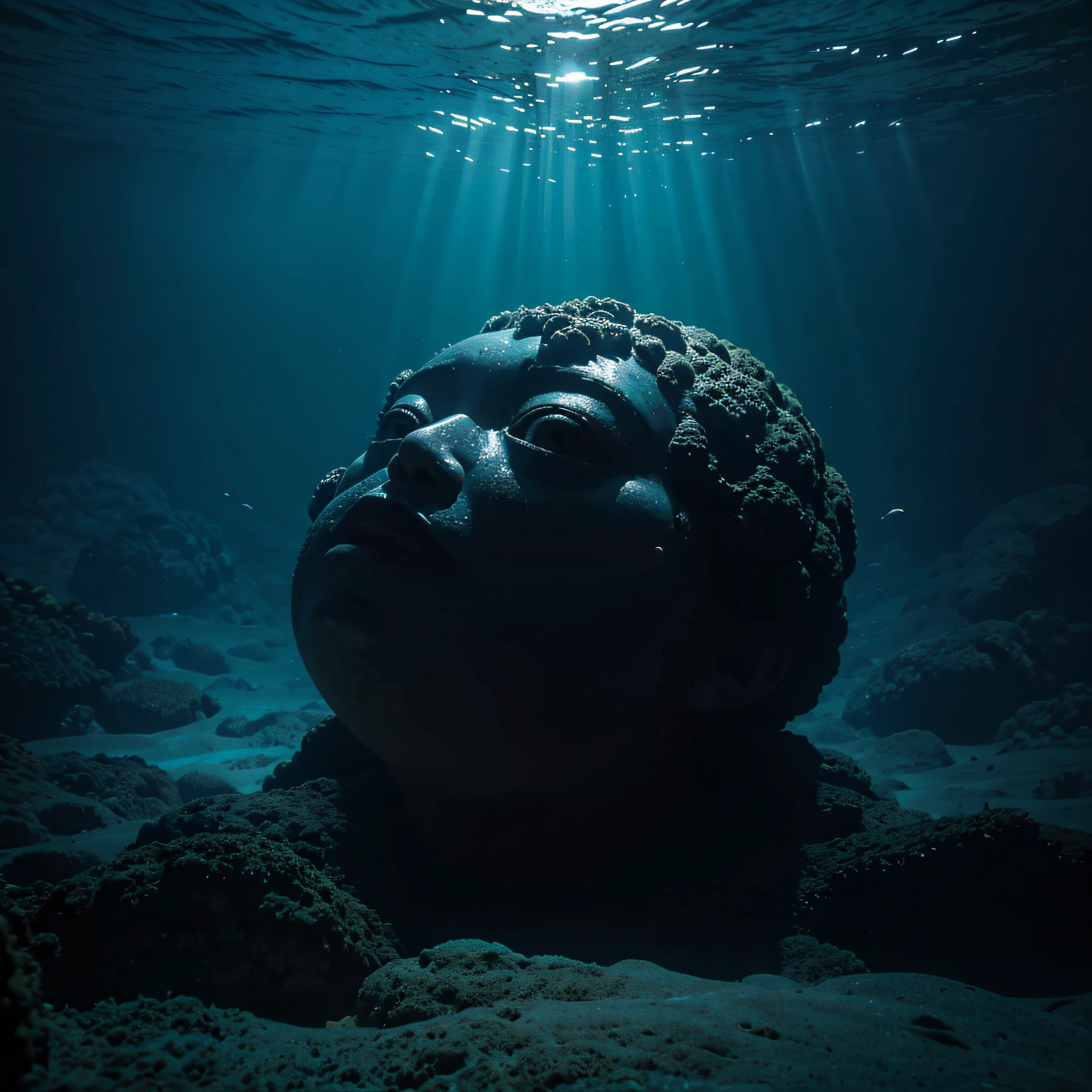 (extremadamente detallado, obra maestra, La mejor calidad, Under the Ocean), Estilo oscuro, volumetric illumination. textura de babosa, piel de caracol. ahogados flotando de fondo. Rococo composition.