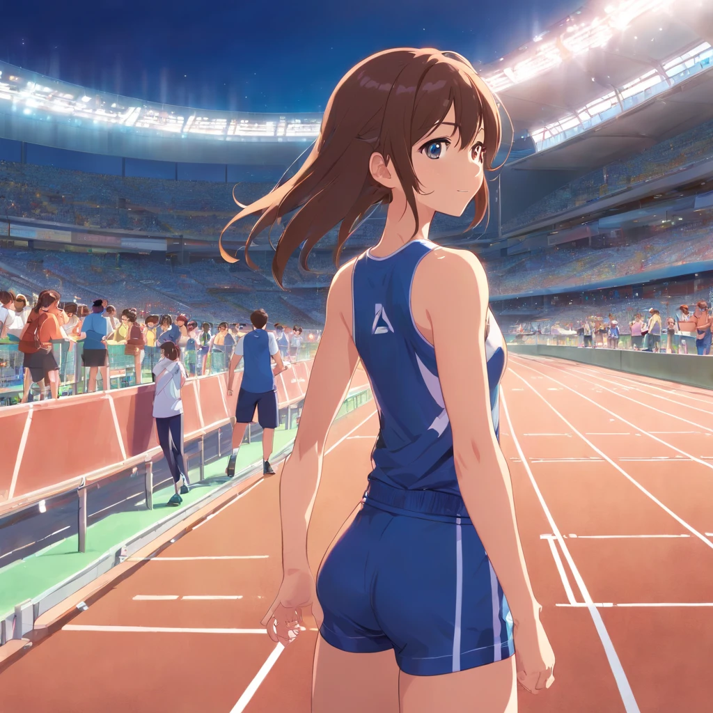 A scene where a women's track and field coach is standing next to a girl who is sitting in the stands, observando atentamente alguns atletas correndo na pista de atletismo. The girl seems to be completely absorbed in the action, com os olhos fixos nos corredores que passam por ela. The women's track and field coach is next to the girl, observando a pista com um olhar atento e orgulhoso. Ela tem um sorriso discreto no rosto, demonstrating his support for the girl and his passion for the sport. The athletics track in front of you is illuminated by the sun, destacando os corpos suados dos corredores em movimento, enquanto a menina e sua treinadora feminina permanecem ali, maravilhadas com a cena diante delas.