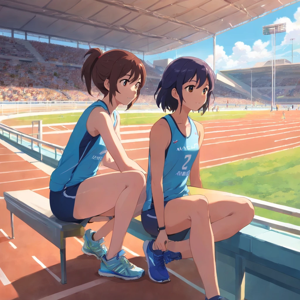 A scene where a women's track and field coach is standing next to a girl who is sitting in the stands, observando atentamente alguns atletas correndo na pista de atletismo. The girl seems to be completely absorbed in the action, com os olhos fixos nos corredores que passam por ela. The women's track and field coach is next to the girl, observando a pista com um olhar atento e orgulhoso. Ela tem um sorriso discreto no rosto, demonstrating his support for the girl and his passion for the sport. The athletics track in front of you is illuminated by the sun, destacando os corpos suados dos corredores em movimento, enquanto a e sua treinadora feminina permanecem ali, maravilhadas com a cena diante delas.