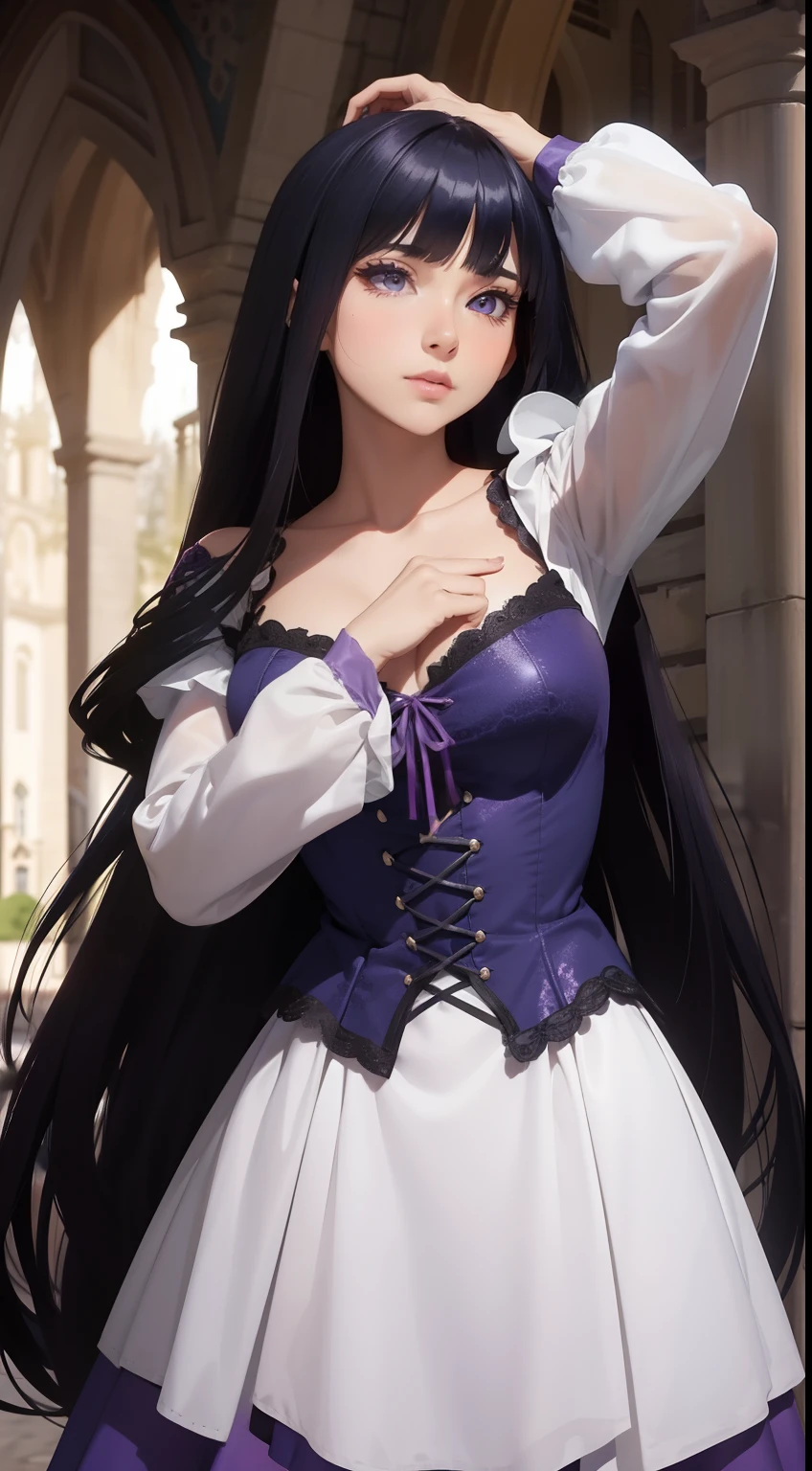 Rapunzel Fusion, Mesclando modelos, Roupas da Rapunzel, melting, 1girl, Beautiful, Character, Woman, Female, (master part:1.2), (melhor qualidade:1.2), (Solo:1.2), ((pose de luta)), ((campo de batalha)), cinemactic, olhos perfeitos, pele perfeita, perfect lighting, sorrir, luz, cor, pele texturizada, detalhe, Beleza, maravilha, ultra-detalhado, rosto perfeito, Blunt Bangs,very long dark blue hair, purple eyes