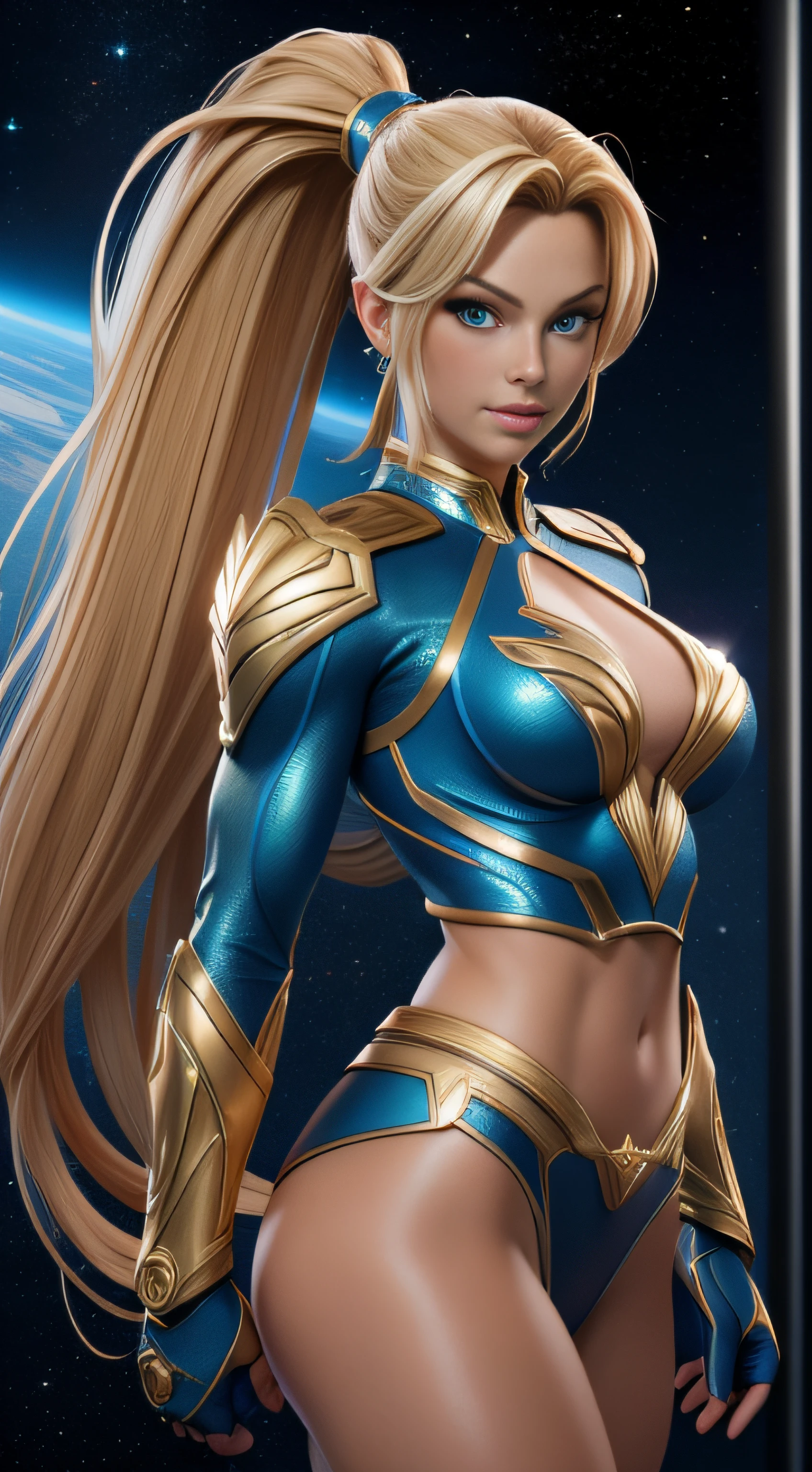 ( masterpiece, 4K resolution, Surreal, Very detailed) Sexy superheroine cool fighting long blonde ponytail glowing blue eyes wearing blue costume gold shoulder pads gold bracelets showing abs midriff with a Z symbol on chest portrait photography by artgerm, a realistic style, Shiny skin, Cartoon Core, Comic Core, natural lighting, Full lips. Muscle Fitness Female Body (In space)