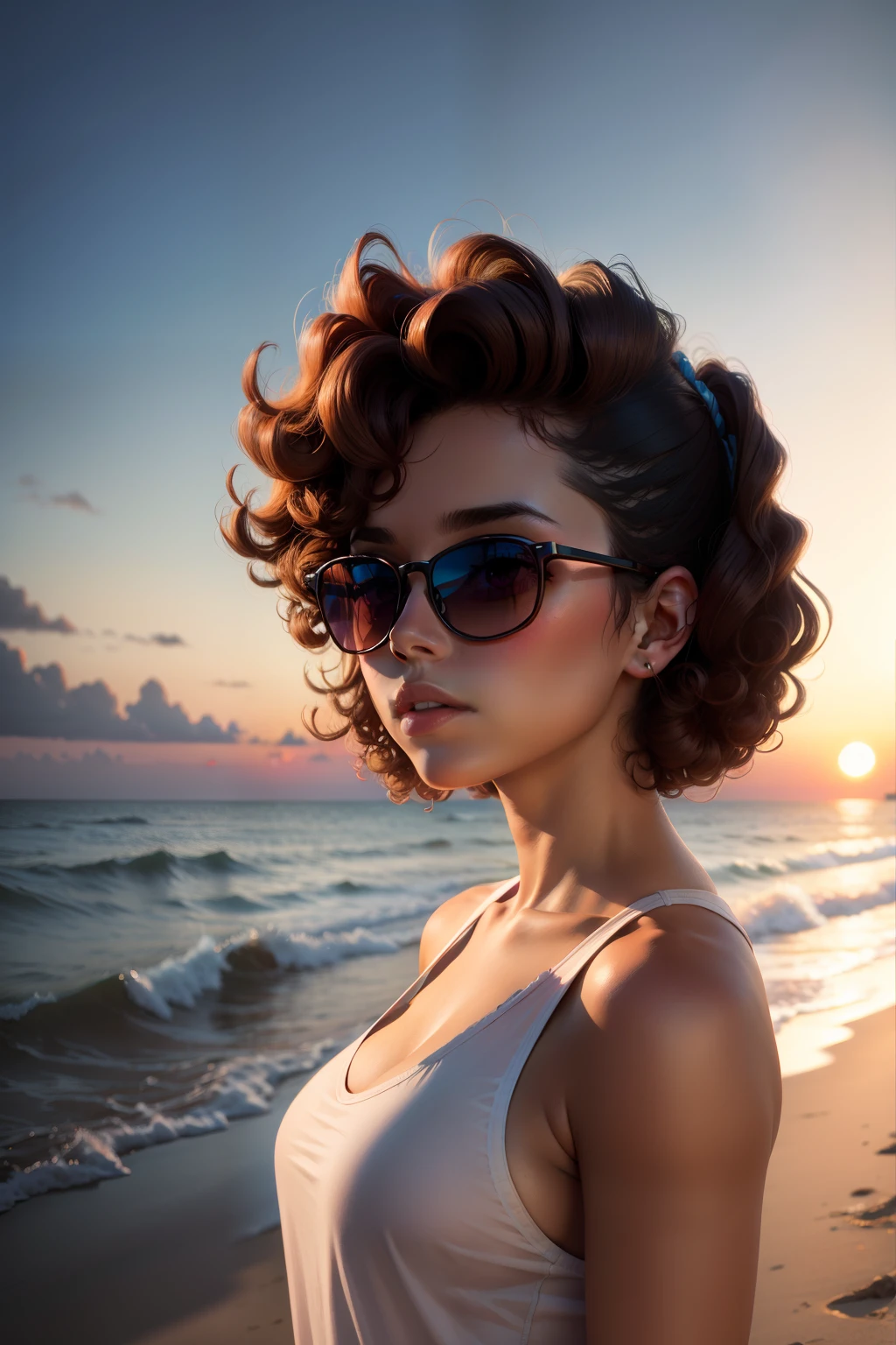 American girl, vaporwave city, sunset beach background, curly hair, sunglasses