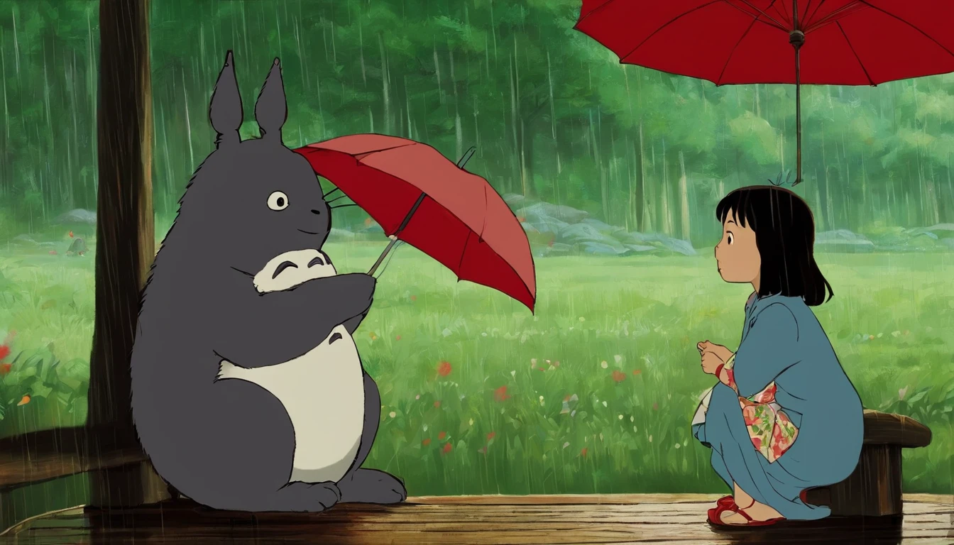 Ghibli Studio drawing scene of Tonari in Totoro in the rain sitting on the stool, Totoro bem grande ao lado de mulher com cabelo em um rabo de cavalo, Well dressed Asian women with patterned outfit with red umbrella with cute baby on lap