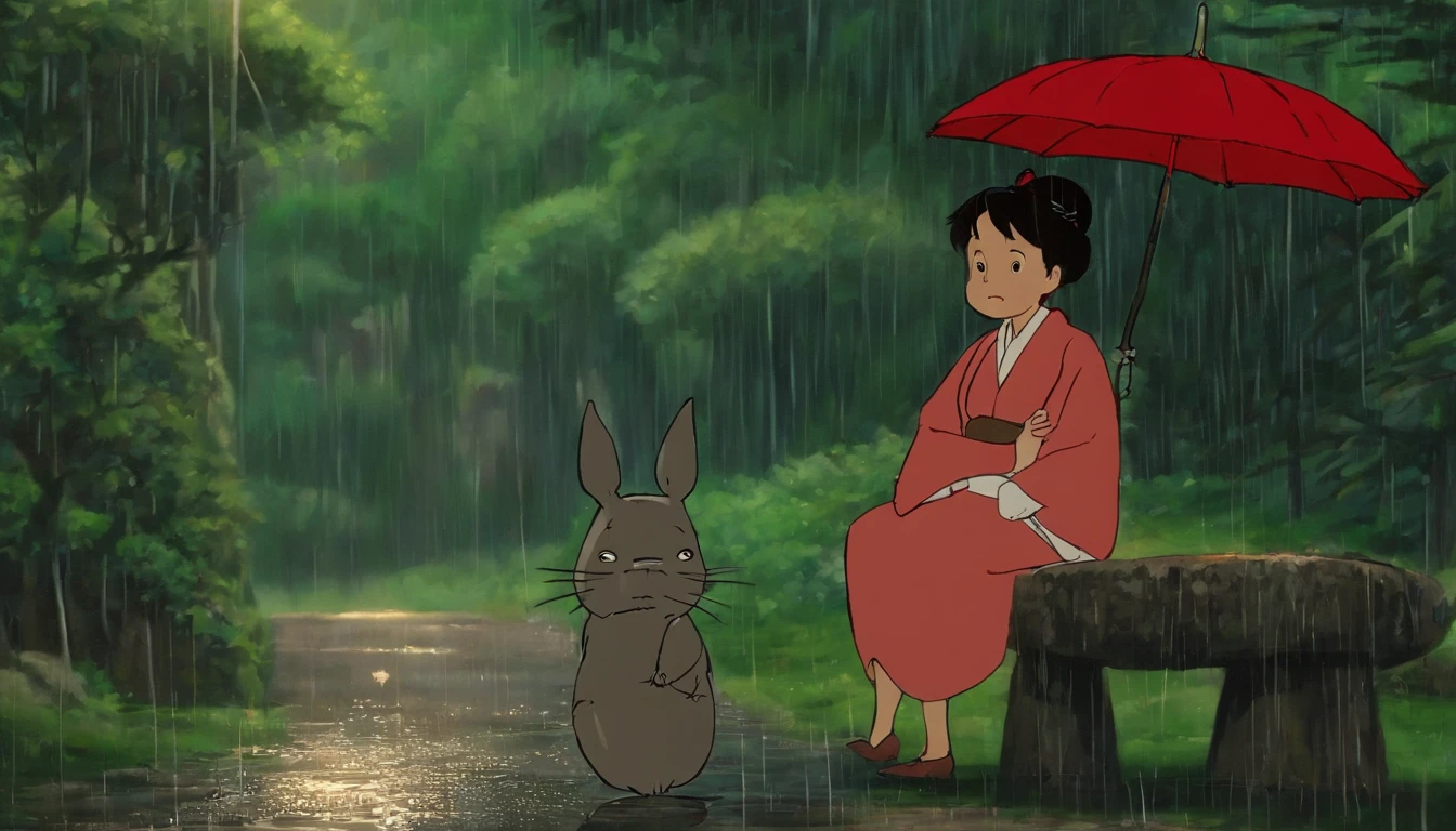 Ghibli Studio drawing scene of Tonari in Totoro in the rain sitting on the stool, Totoro bem grande ao lado de mulher com cabelo em um rabo de cavalo, Well dressed Asian women with patterned outfit with red umbrella with cute baby on lap