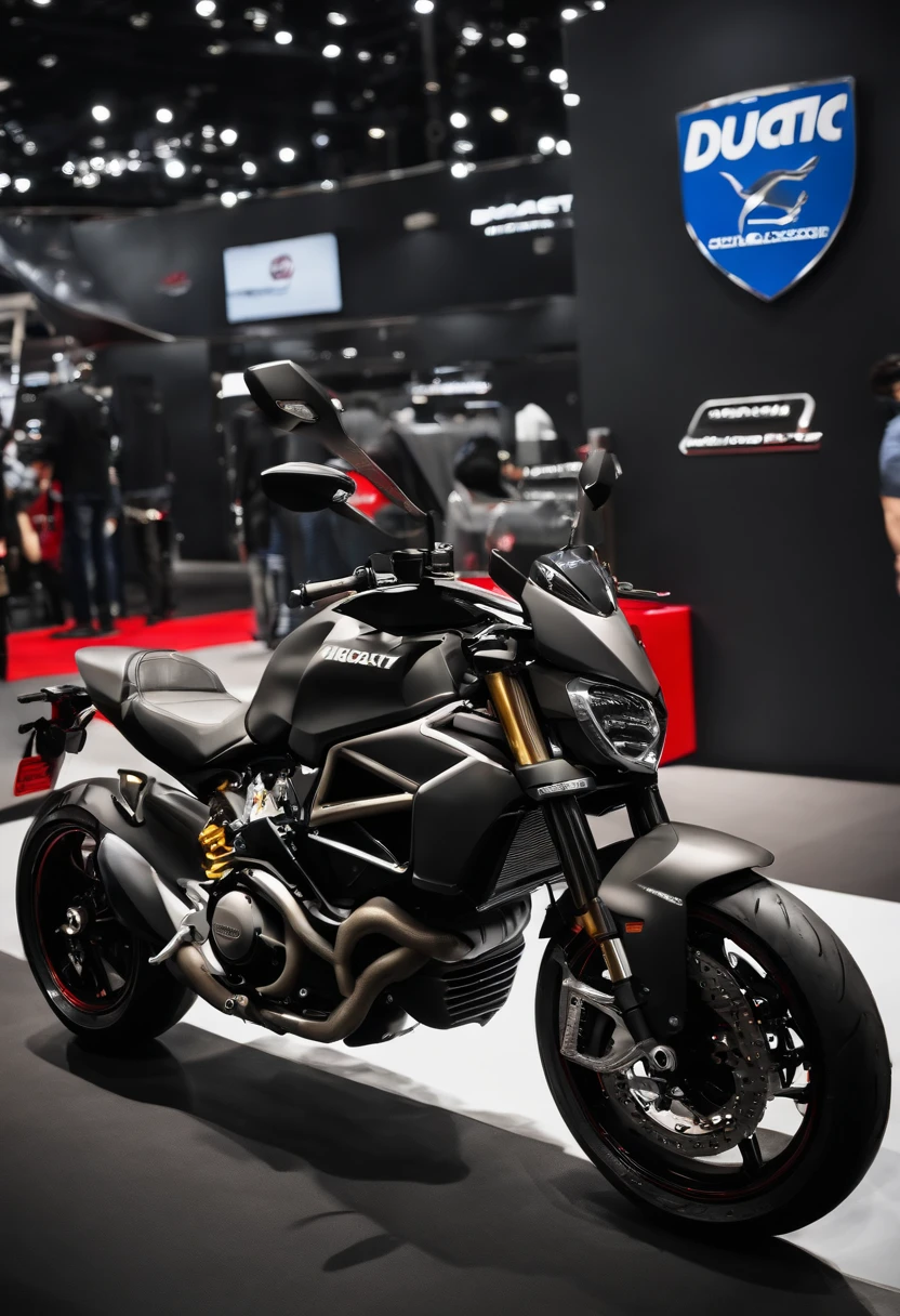 Ducati motorciycle black aluminium at auto expo in japan realistic cinematic