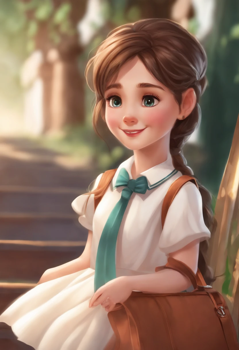 Describe an adorable juvenile character who wears a school uniform. The character is a lively and energetic child, vestindo uma camiseta de cor clara e uma gola escura que. Este personagem tem uma personalidade encantadora, cabelos brilhantes e um sorriso contagiante. Imagine que ele/She is about to embark on an exciting magical adventure at her school, where they will find friends, teachers and will face fun challenges in the best Disney style.