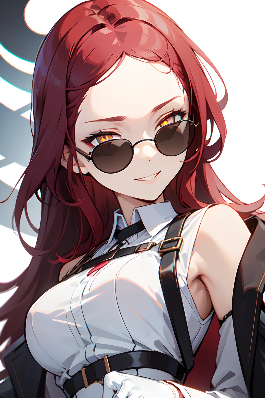 1girl, woman, solo, long hair, big hair, (forehead:1.2), (round sunglasses:1.19), yellow eyes, scarlet red hair, medium breasts, devilish grin from below, white hair, (overcoat, black coat, open coat:1.2), white shirt, collared shirt, (chest harness, shoulder strap:1.15), black leather shorts, garter belt, gloves, ((from below)), elegant, looking at viewer, standing, chromatic aberration, (close-up to face:1.2), face only masterpiece, best quality, 4k