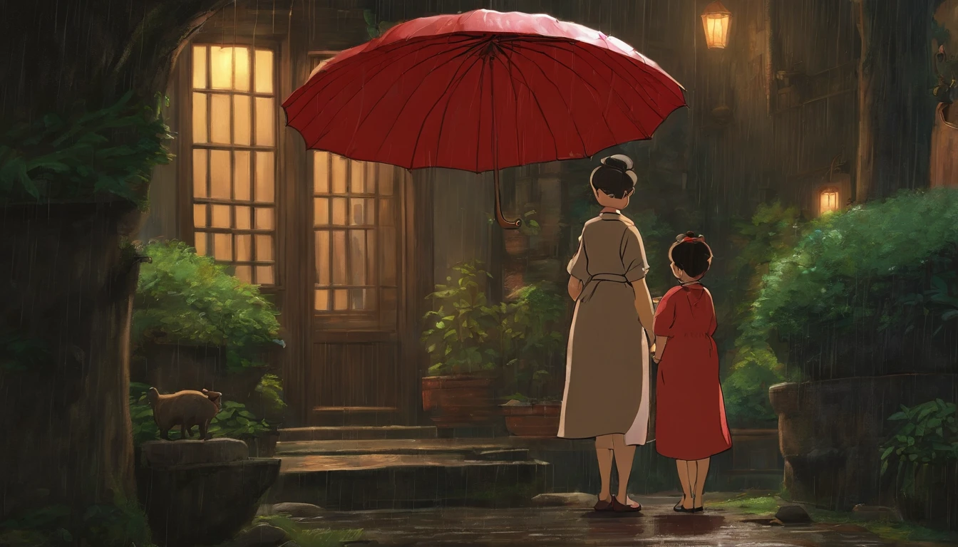 drawing Studio Ghibli scene of Tonari in Totoro, dia de chuva, Well dressed Asian women with hair tied up with red umbrella with  boy on lap