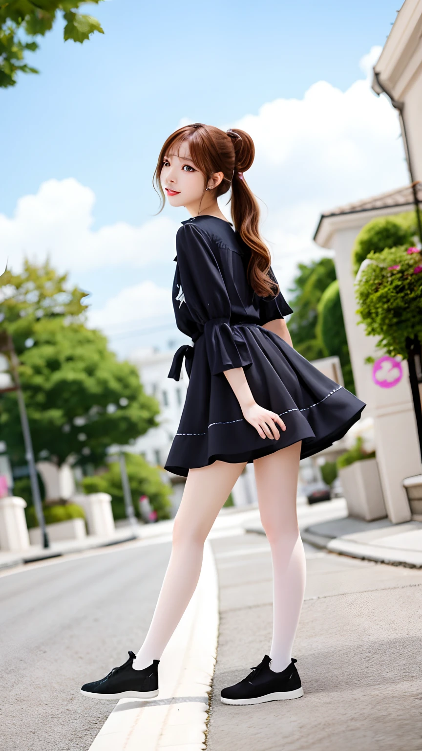 best quality, ultra high res,(photorealistic:1.1), (detailed beautiful girl:1.1), (medium breasts:0.8), looking_at_viewer, white socks,Detailed facial details, beautiful detailed eyes, bangs,straight hair,pink ta dress, fashion, flowers,brown eyes, slender, haunting smile, (makeup:0.3), red lips, highly detailed clothes, (ulzzang-6500-v1.1:0.3) ,detailed skin,black tights, bloom,sunny