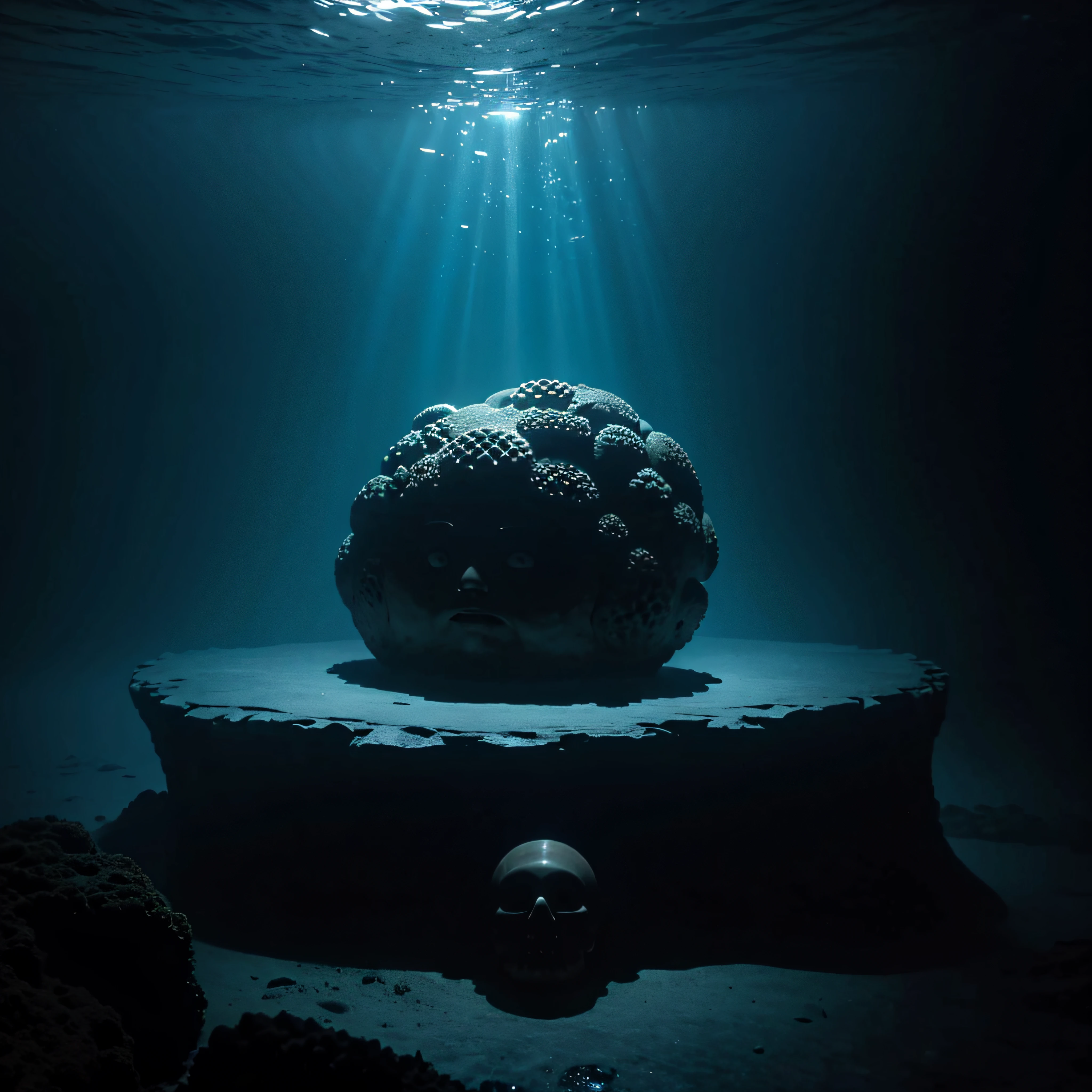(extremadamente detallado, obra maestra, La mejor calidad, Under the Ocean), Estilo oscuro, volumetric illumination. textura de babosa, piel de caracol. ahogados flotando de fondo. Rococo composition.
