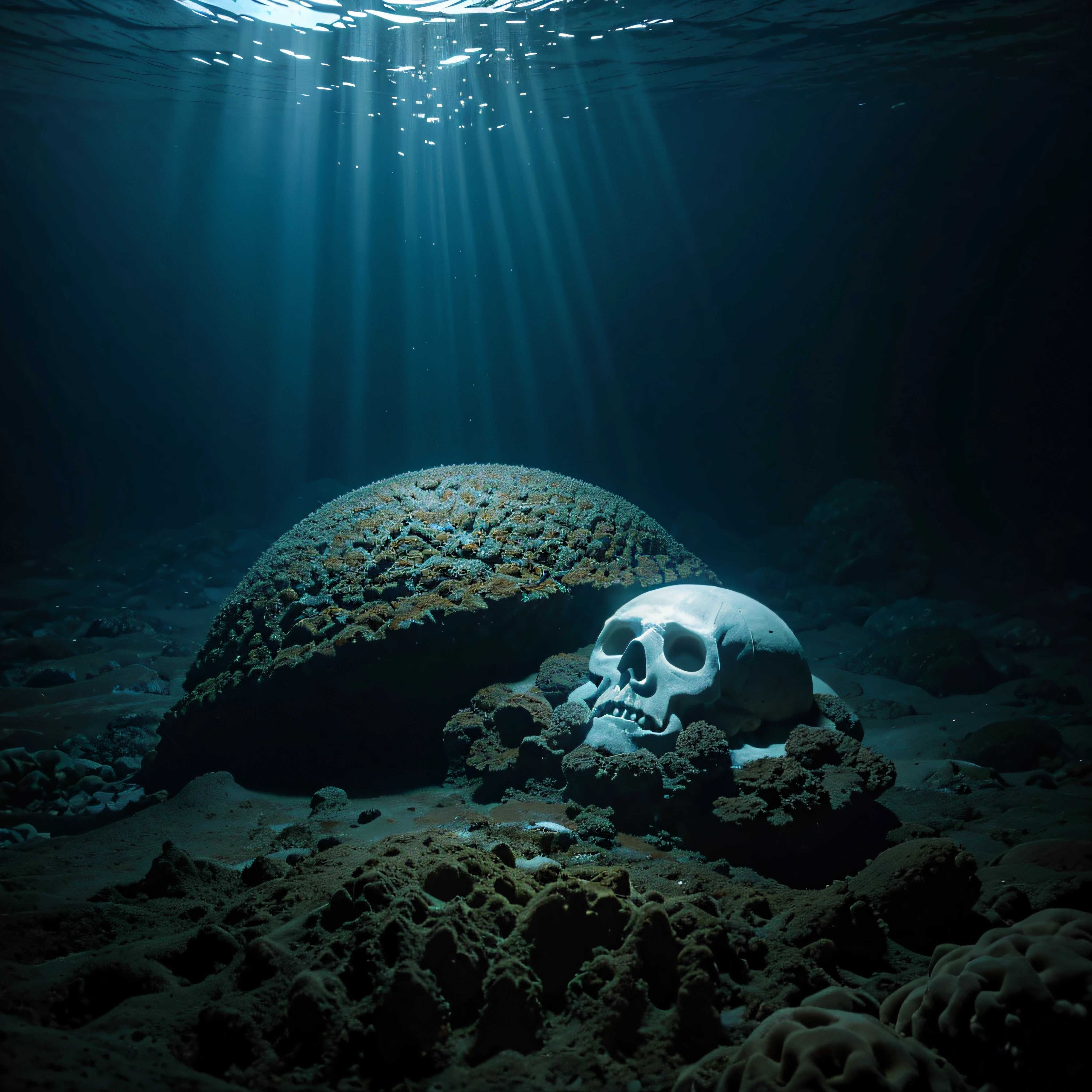 (extremadamente detallado, obra maestra, La mejor calidad, Under the Ocean), Estilo oscuro, volumetric illumination. textura de babosa, piel de caracol. ahogados flotando de fondo. Rococo composition.