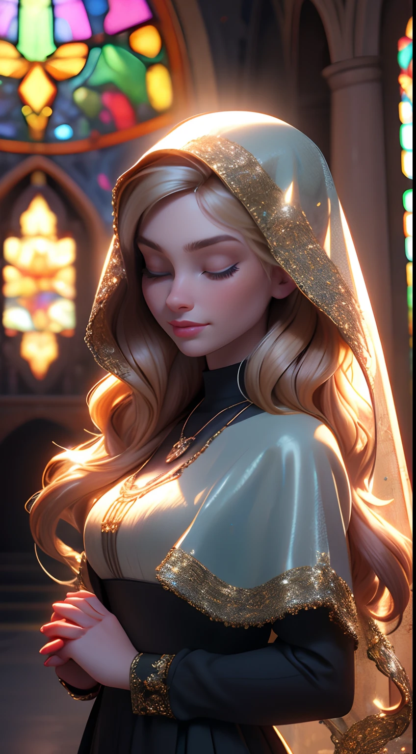 masterpiece, 1 girl, 3d, 3dmm, finely detailed, quality, mirrornun, rembrandt lighting, (masterpiece:1.2), (photorealistic:1.2), (best quality), (detailed skin:1.3), (intricate details), dramatic, ray tracing, 1girl, blonde hair, long curls hair, eyes closed, 21 years old, medium breasts, palms together, own hands together, sparkle, halo, see-through veil, intricate, jewelry, gothic church