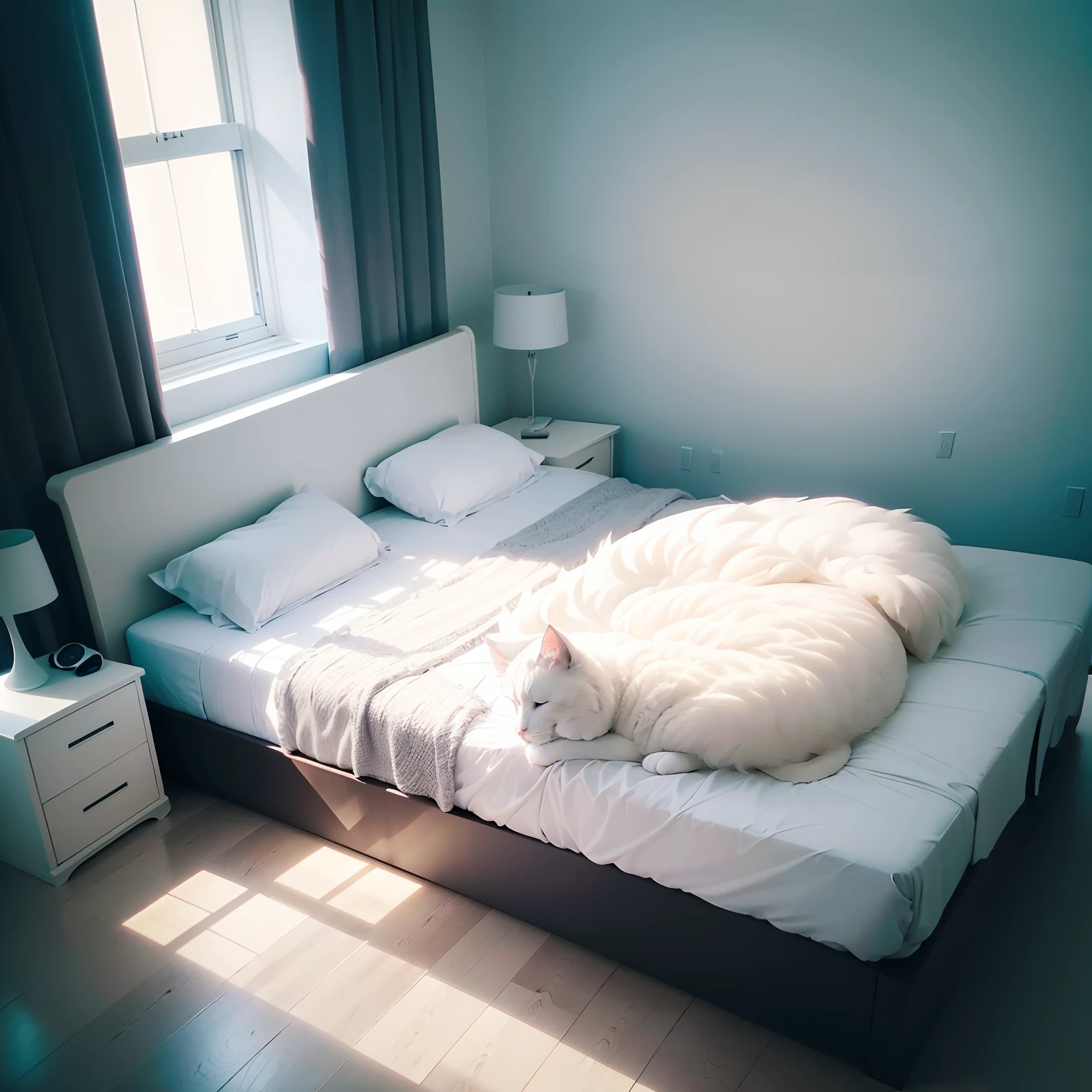 A perfect bed with a very soft mattress, Very convenient, Futuristic bed, A fluffy cat sleeps on the bed, Bedroom design project, A hyper-realistic, Nikon D7000, ISO 120, diffused lighting