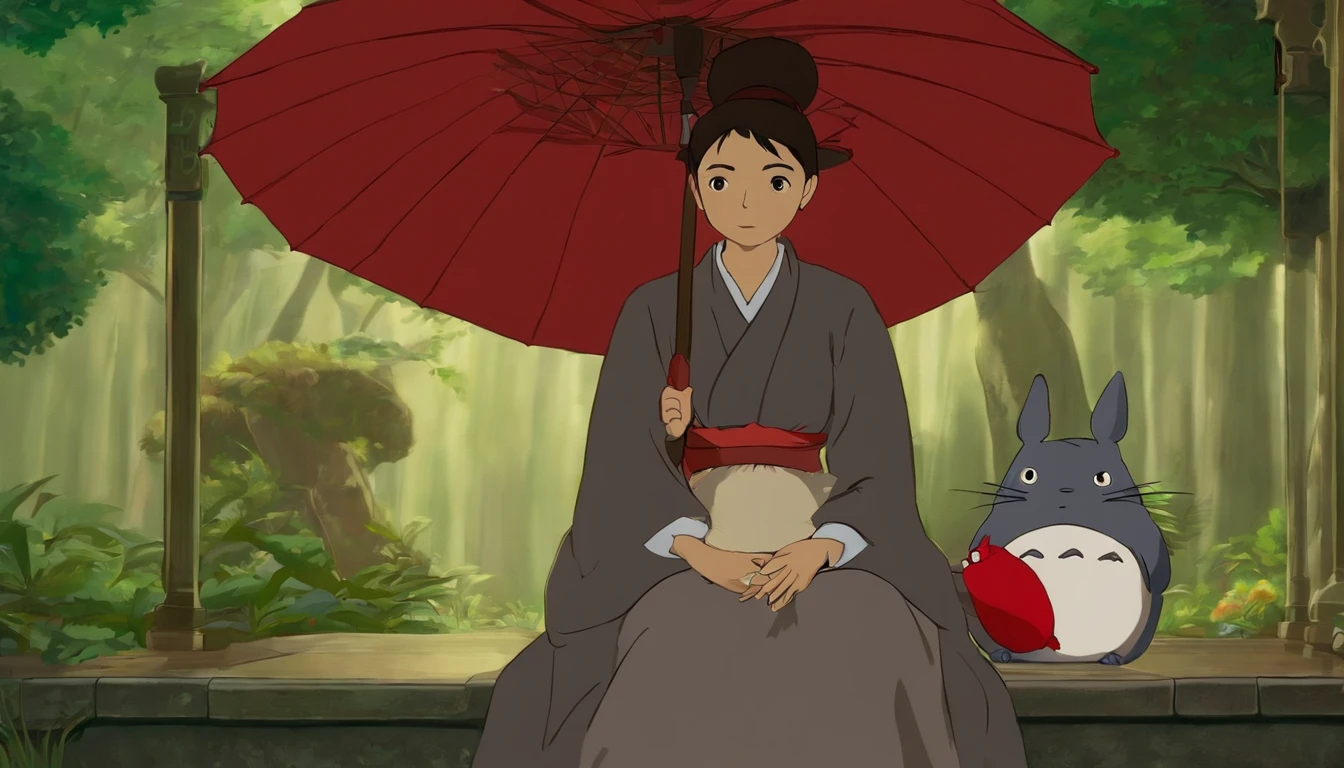 Ghibli Studio Dash Design, cena de Tonari no Totoro, dia de chuva, Well-dressed Asian women with hair pinned with red umbrella with baby boy on lap sitting facing on a stool, rosto detalhado