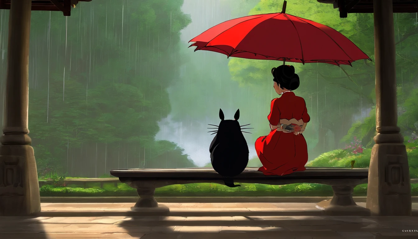 Ghibli Studio Dash Design, cena de Tonari no Totoro, dia de chuva, Well-dressed Asian women with hair pinned with red umbrella with baby boy on lap sitting facing on a stool, rosto detalhado