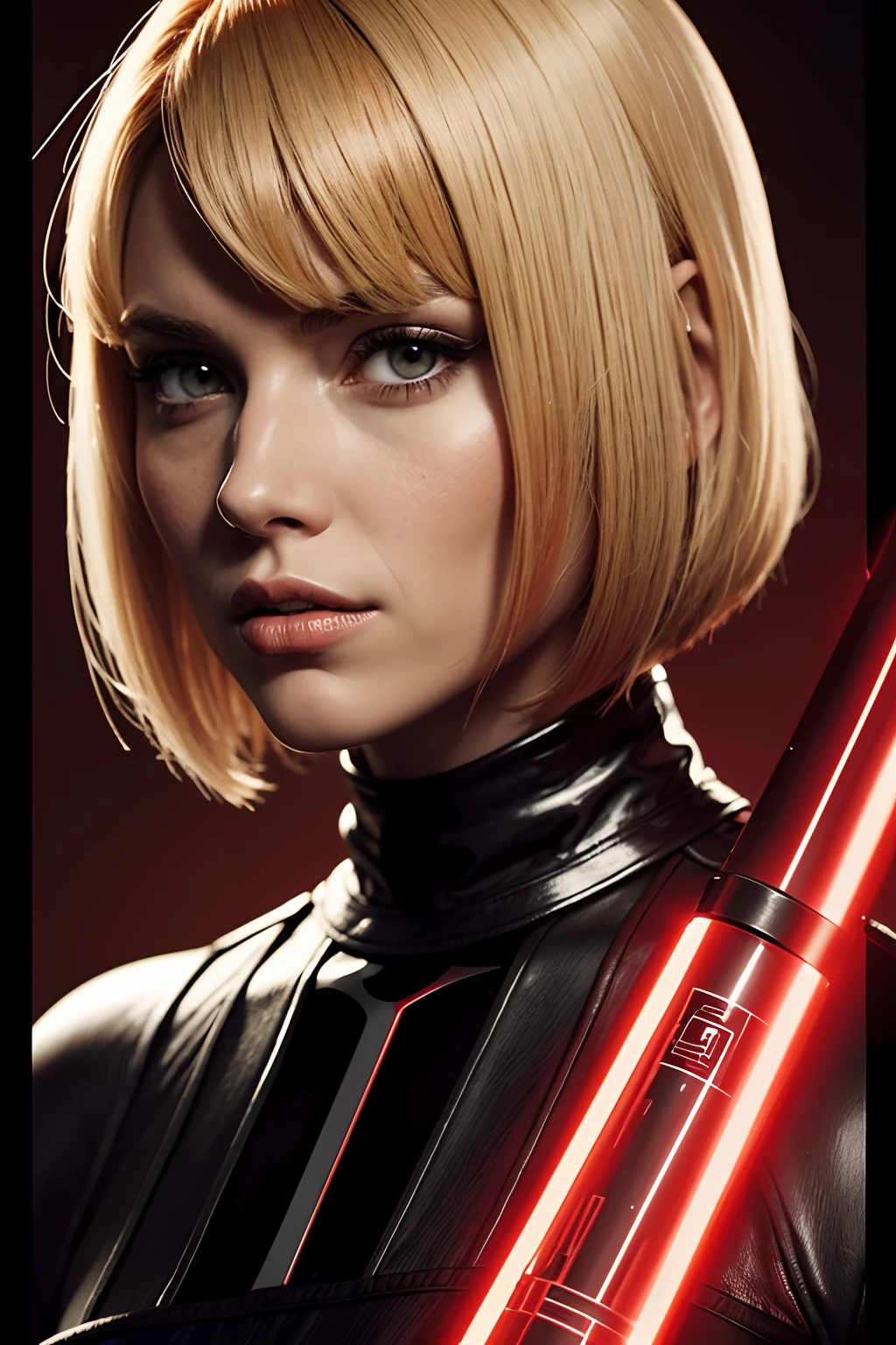 woman ,sith of star wars, lightsaber red, blonde, long bob haircut, black clothes, portrait, detailed, high contrast