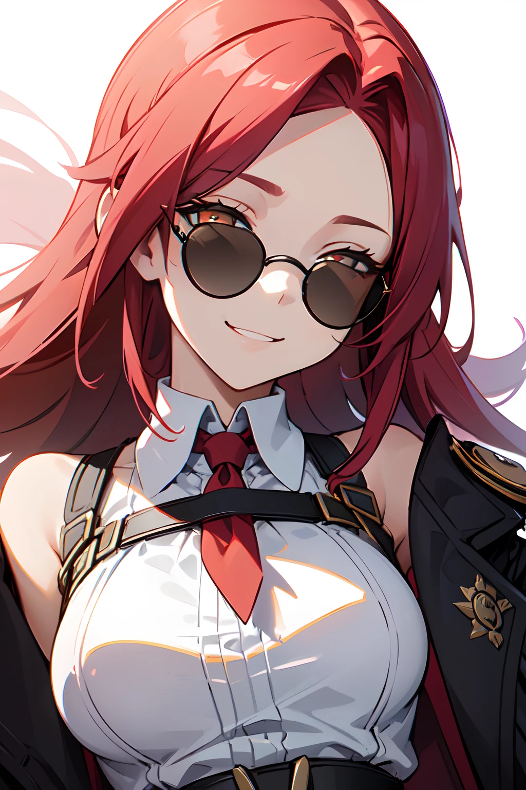 1girl, woman, solo, long hair, big hair, (forehead:1.2), (round sunglasses:1.19), yellow eyes, scarlet red hair, medium breasts, devilish grin from below, white hair, (overcoat, black coat, open coat:1.2), white shirt, collared shirt, (chest harness, shoulder strap:1.15), black leather shorts, garter belt, gloves, ((from below)), elegant, looking at viewer, standing, chromatic aberration, (close-up to face:1.2), face only masterpiece, best quality, 4k