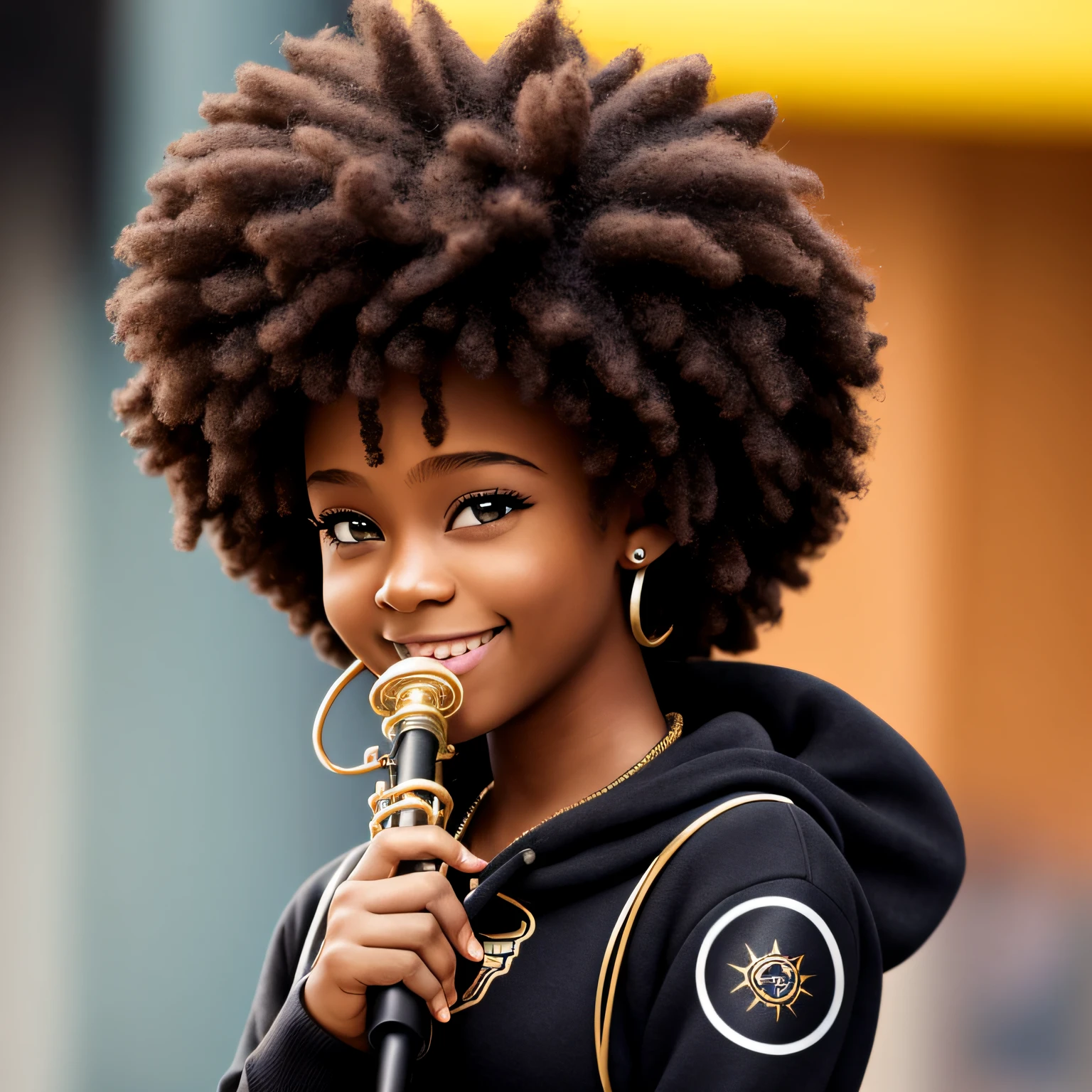 Futuristic Afro cartoon 1girl, chibi,cute, smile, music, black beret, holding small saxophone, jacket, black panter, shirt, back power, red headwear, blurry, black hair, long sleeves, red headphones, book, (beautiful detailed face), (beautiful detailed brown eyes), (beautiful detailed brown skin) EasyNegative