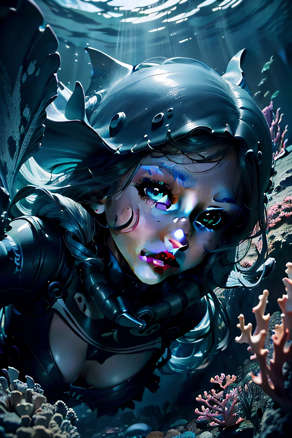 (masterpiece, best quality, ultra-detailed, best shadow), (beautiful detailed face:1.3),(solo), (family_friendly:0.8),high contrast, ultra-high resolution,(1girl under deep sea:1.6),(diving AND petting a whale:1.3),full body, diving suit,refract light from above,glowing_light,vivid seaweed,colorful corals, looking_afar, tropical fish,(turbulence disturbed hair:1.2),([blue|silver] hair:1.1)