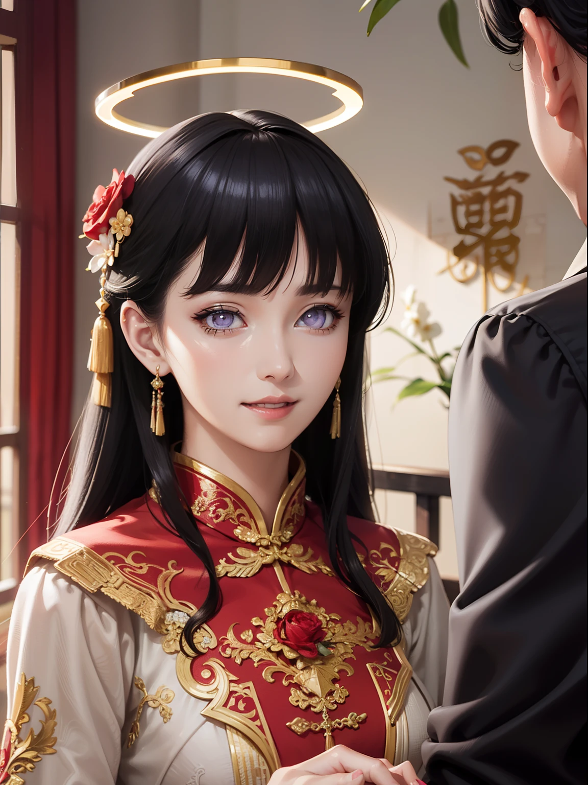 ( 8K, dynamic action, pale washed out style, Dreamy nostalgia, soft focus, dark halo, light leaks, Medium photography, Coarse grain photos, tmasterpiece, top-quality, 8K, realisticlying, Very dense CG, shiny skins,)(A couple:1.8),Wedding scene,half-body portrait,Weddings,ornate garment,Chinese elements,macro photography,Red-gold matching scene,Grand, gorgeous,The happy expression of the character,insanely detailed and intricate, hypermaximalist, elegant, ornate, hyper realistic, super detailed,Blunt Bangs, purple eyes, dark blue hair