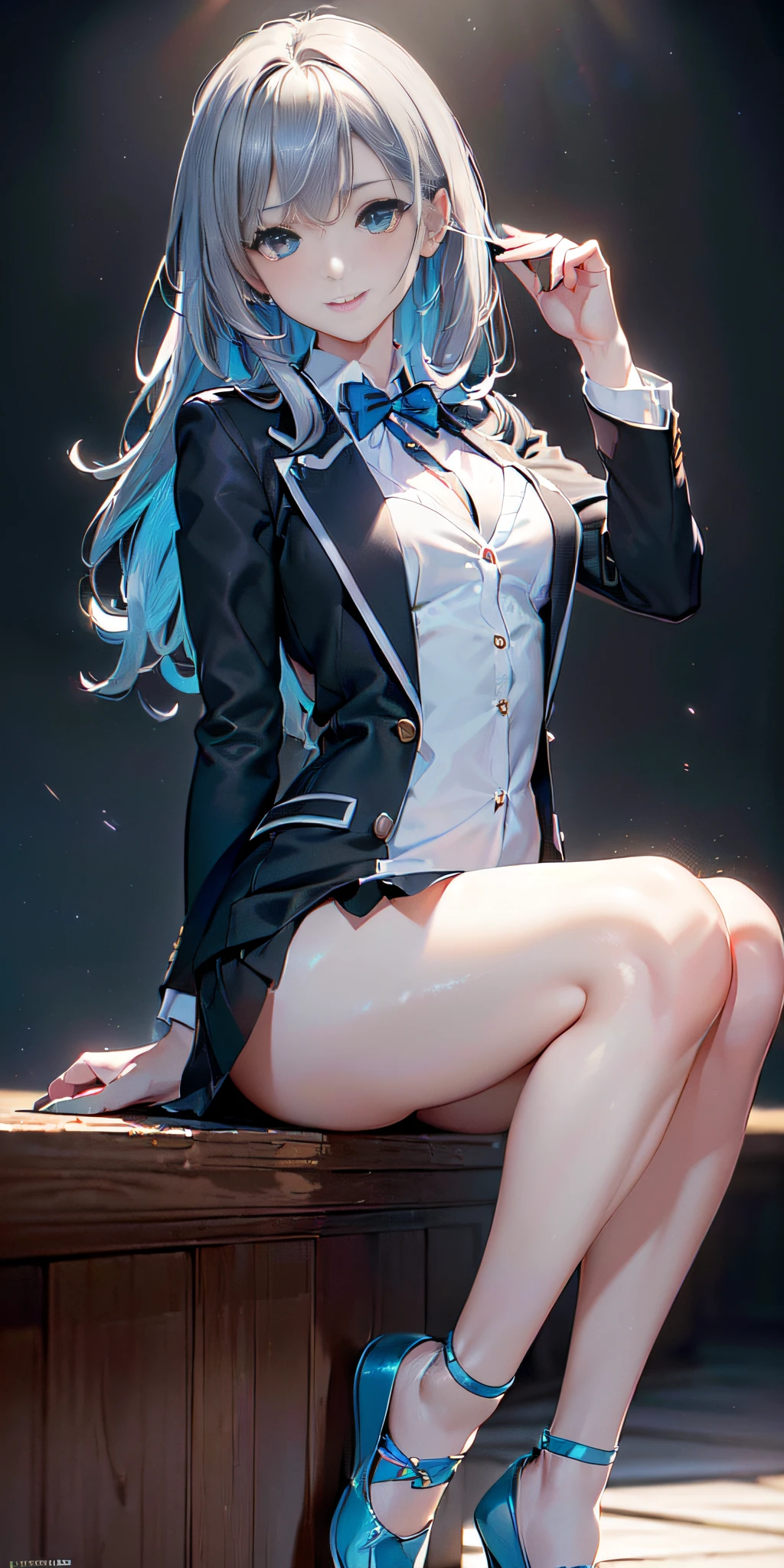 ((Vista aleatoria, plano de cuerpo entero, anime, estilo anime de mujer realista, (Blue-eyed Hungarian), 18 years old girl, ((blazer gris, cinta, minifalda plegada color azul marino, calcetines)), aula de Universitaria, hermoso detalle en los ojos, (eye size: 3/4) luz en la cara, ((foto de cuerpo completo: 1.2)), luz especialmente fuerte, (ojos superiores, sonrisa sonriente: 1.2), piel brillante, (((color de cabello aleatorio))), (muslos gruesos), ulzzang-6500-v1.1: 0.2, bashful, (Flash: 1.2), NSFW , (hinchado), ((postura seductora: 1.2, atractivo: 1.2)), (inactivo), (sentada en un escritorio: 1.2)), ((good anatomy: 1.2)), aula brillante y refrescante, Cute and symmetrical face, Natural side lighting, 8k, Fotos RAW, calidad superior, obras maestras, High Definition RAW color photos professional close-up photos, (realista, fotorrealismo: 1.37), (highest qualityr), (alto contraste luz sombras), (mejores ilustraciones), (erotic, sexy, ultra-high-resolution, 8K HD Unified CG Wallpapers, Physical representation, movie lighting), Canon EOS R50 camera with 50mm lens))