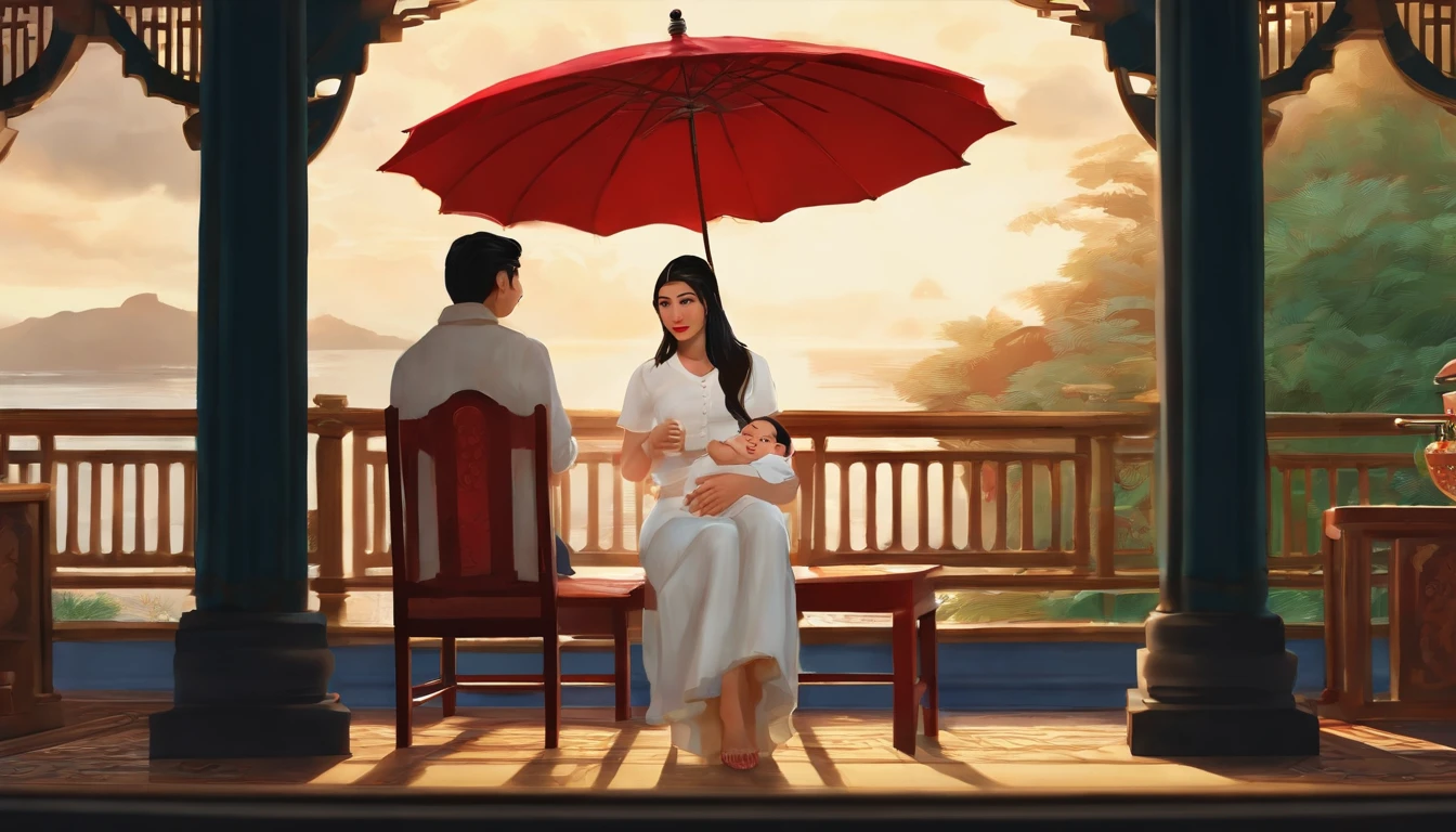 Ghibli Studio Dash Design, dia de chuvoso, Well-dressed Asian women with white blouse and jeans, Woman with tattoo on arm, holding with red umbrella with baby on lap sitting facing on a stool, rosto detalhado