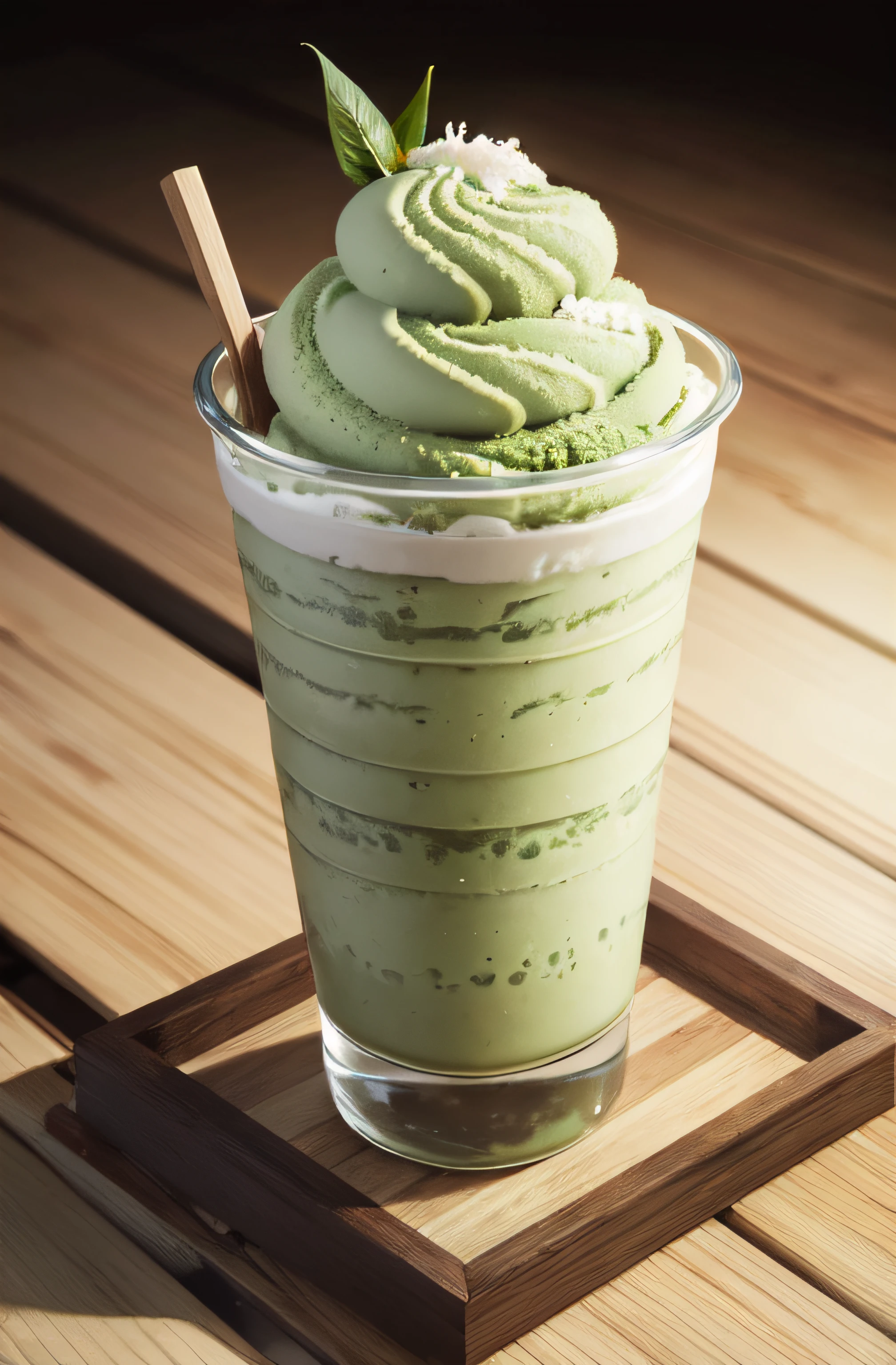 A tantalizing food photo of Vegan Coconut Matcha Ice Cream, advertising product shot, best quality, masterpiece, high resolution, illustration, best camera angle front view, high quality, 4k, UHD, Randy Post, hyper-realistic", "super realistic", high-resolution photo