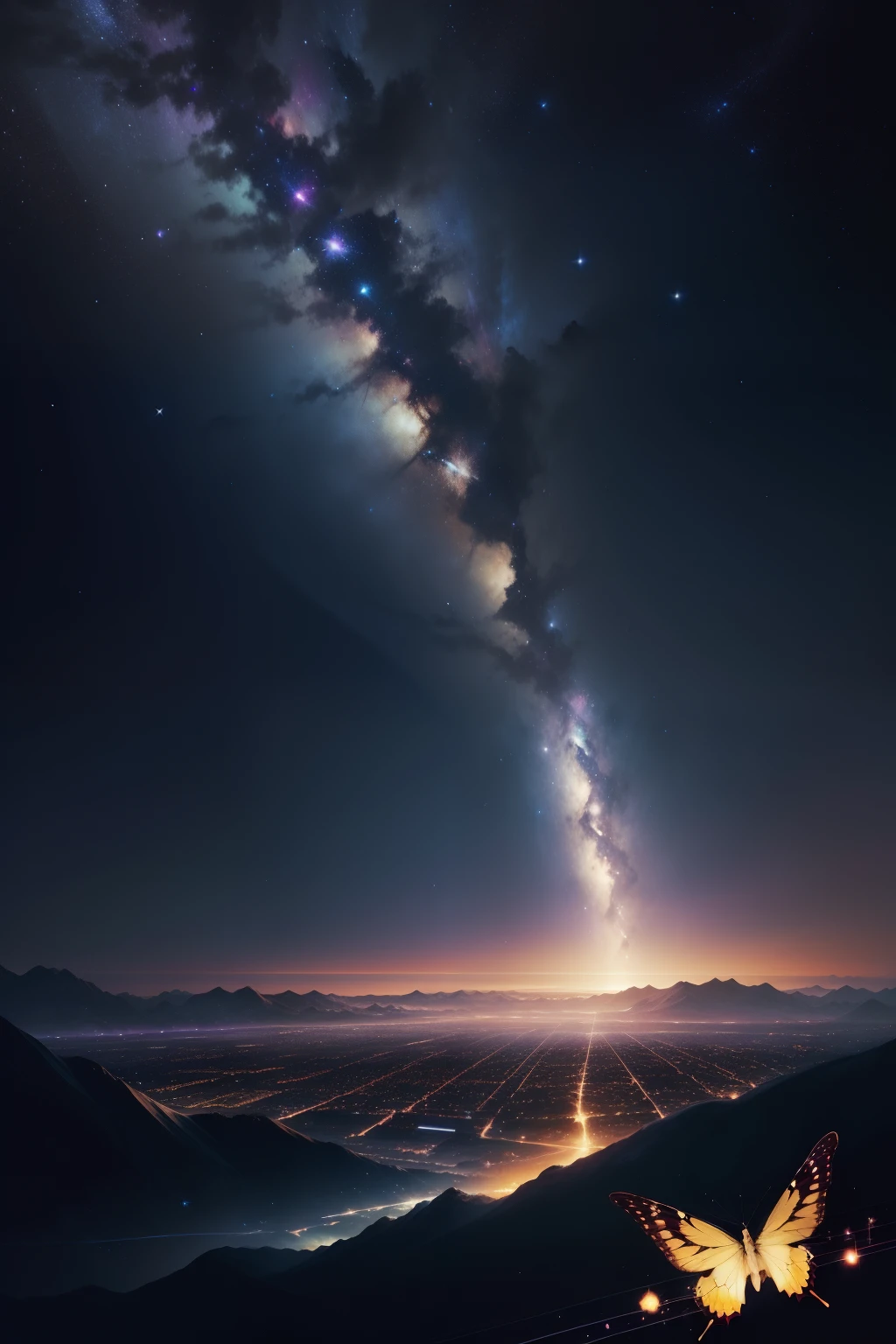 Landscape painting,Countless stars,nigh sky,Beautiful holograms around shooting stars,drapes,A series of notes,A faint series of musical notes in the night sky,Blue swallowtail butterfly,ren,mystical,ethereal anime,Faint rainbow,light reflections, musical note,score,Keyframes, ethereal anime, ethereal stills, anime key