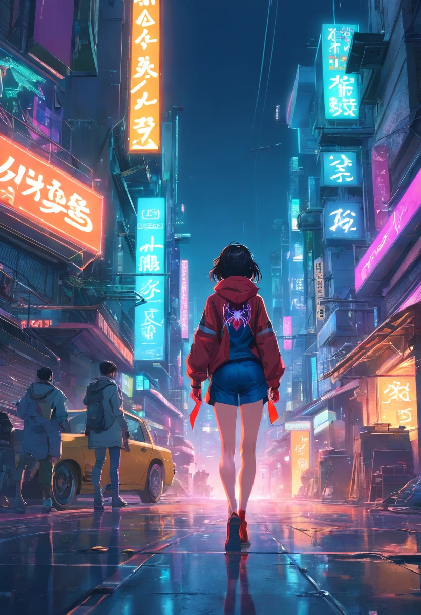 (super detailed and high quality, 4K, futuristic,cyberpunk),(Spider-Man),cyberpunk elements, dark and gritty atmosphere, neon lights, technologically advanced city, superhero in a dystopian world,