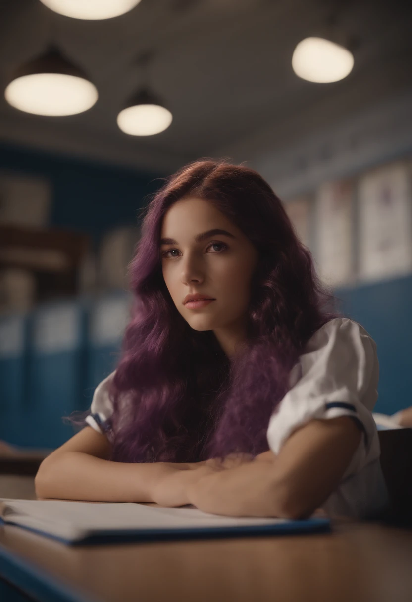 An eighteen-year-old girl with long purple hair in a sailor's suit is sitting in a classroom (escola 1.5 em segundo plano) (expression serious, frio 1.5) (best quality: 1.1) (master part: 1.3) with an unparalleled masterpiece, surreal 8K, Perfect artwork, Super Detalhe, best quality, masterpiece 4K wallpaper aesthetics, master part, Obra premiada, Arte Oficial, Cinematic lighting