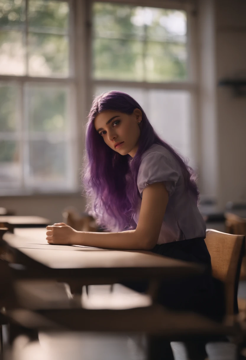 An eighteen-year-old girl with long purple hair in a sailor's suit is sitting in a classroom (escola 1.5 em segundo plano) (expression serious, frio 1.5) (best quality: 1.1) (master part: 1.3) with an unparalleled masterpiece, surreal 8K, Perfect artwork, Super Detalhe, best quality, masterpiece 4K wallpaper aesthetics, master part, Obra premiada, Arte Oficial, Cinematic lighting
