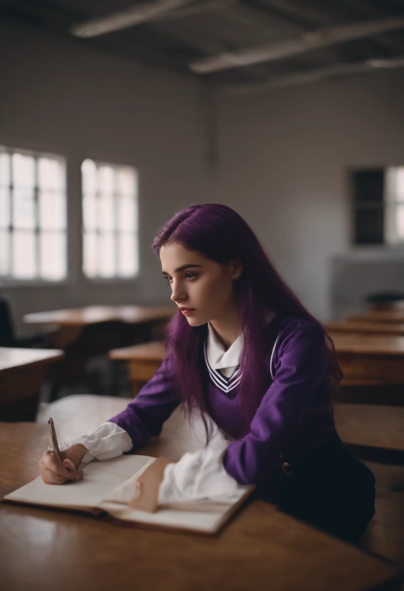 An eighteen-year-old girl with long purple hair in a sailor's suit is sitting in a classroom (escola 1.5 em segundo plano) (expression serious, frio 1.5) (best quality: 1.1) (master part: 1.3) with an unparalleled masterpiece, surreal 8K, Perfect artwork, Super Detalhe, best quality, masterpiece 4K wallpaper aesthetics, master part, Obra premiada, Arte Oficial, Cinematic lighting