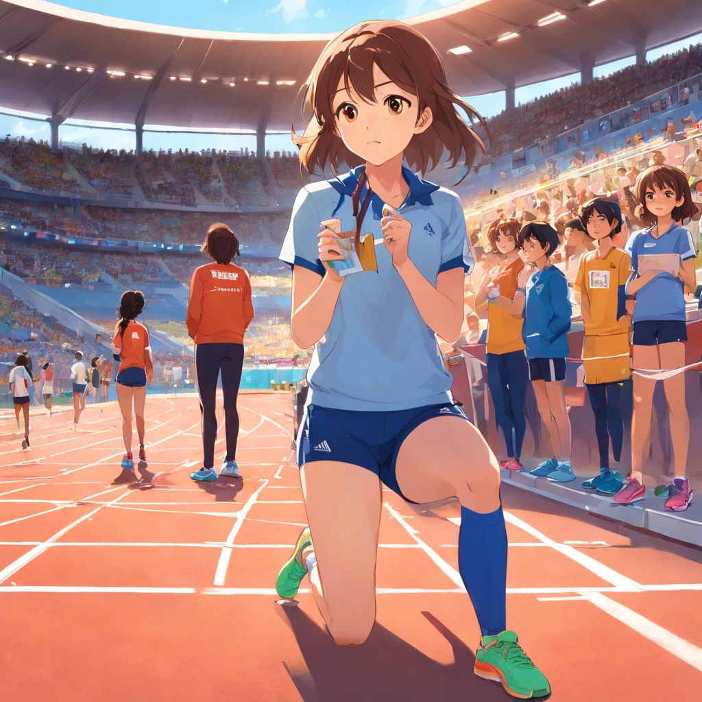 A scene in which a tall, female track and field coach is standing next to a girl who is sitting in the stands, observando atentamente alguns atletas correndo na pista de atletismo. The coach is remarkably tall, Standing out from the crowd. She wears typical trainer clothes, incluindo uma camiseta esportiva, shorts, Sneakers and a clipboard in your hands. The girl seems to be completely absorbed in the action, com os olhos fixos nos corredores que passam por ela. The tall coach is next to the girl, observando a pista com um olhar atento e orgulhoso. Ela tem um sorriso discreto no rosto, demonstrating his support for the girl and his passion for the sport. The athletics track in front of you is illuminated by the sun, destacando os corpos suados dos corredores em movimento, enquanto a menina e sua treinadora alta permanecem ali, maravilhadas com a cena diante delas