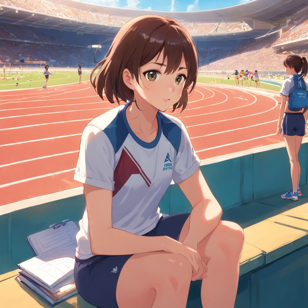 Describe a scene where a women's track and field coach is standing next to a girl who is sitting in the stands, observando atentamente alguns atletas correndo na pista de atletismo. The trainer wears typical clothes of female trainers, incluindo uma camiseta esportiva, shorts, Sneakers and a clipboard in your hands. The girl seems to be completely absorbed in the action, com os olhos fixos nos corredores que passam por ela. The female coach is next to the girl, observando a pista com um olhar atento e orgulhoso. Ela tem um sorriso discreto no rosto, demonstrating his support for the girl and his passion for the sport. The athletics track in front of you is illuminated by the sun, destacando os corpos suados dos corredores em movimento, enquanto a menina e sua treinadora feminina permanecem ali, maravilhadas com a cena diante delas.