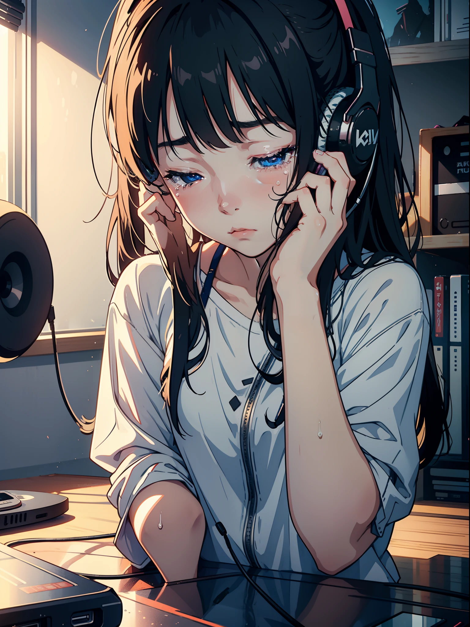 1girl, 20yo, Sad expression, ((shed tears)) blank expression, girl crying, in a messy room, hands covering eyes, using headset, with cell phone on, Listening to music, the girl is half naked, anime hd 8k
