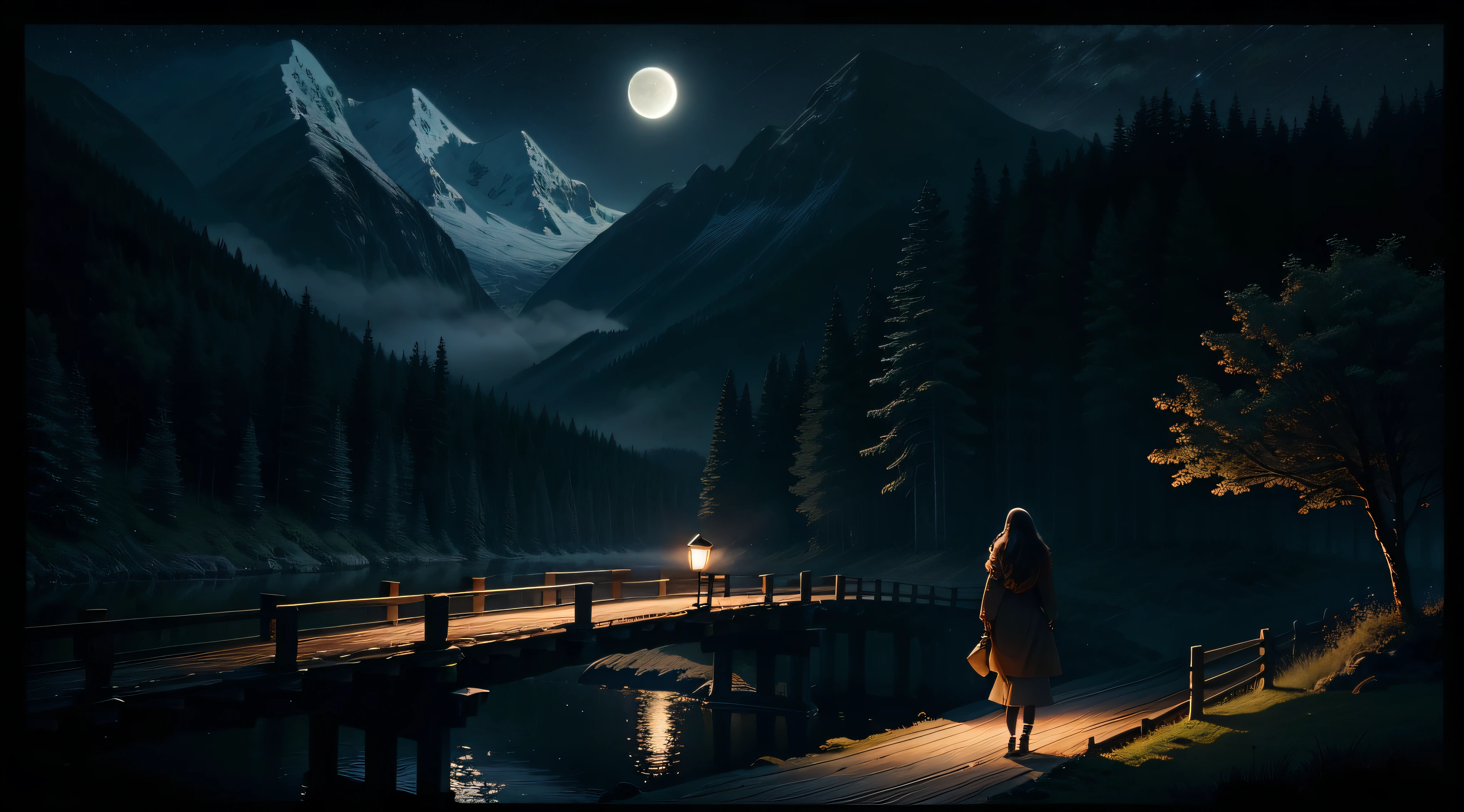 a forest at night with a large wooden bridge between the trees and the mountains, a bright moon in the sky and fireflies and lights among the trees and a mist on the ground with a woman with long shore-haired walking over the bridge