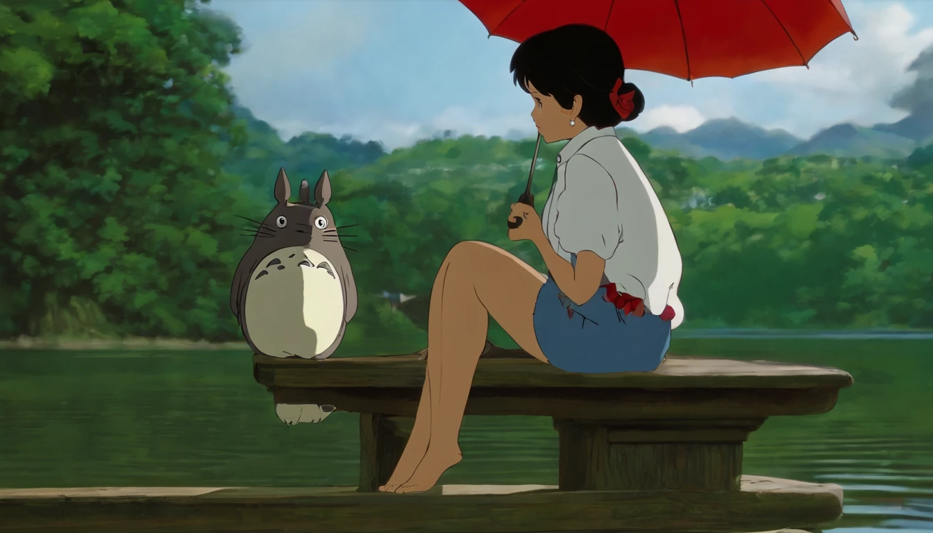 cena de Tonari no Totoro, Ghibli Studio Dash Design, dia de chuvoso, Well-dressed Asian women with white blouse and jeans, Woman with tattoo on arm, holding with red umbrella with on lap sitting facing on a stool, rosto detalhado