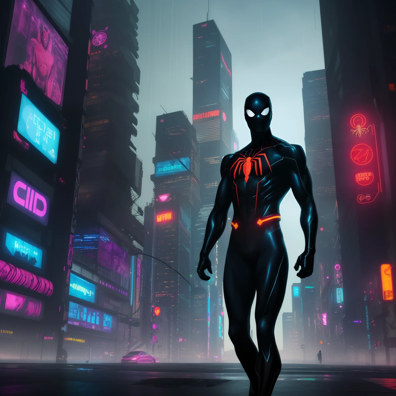 (super detailed and high quality, 4K, futuristic,cyberpunk),(Spider-Man),cyberpunk elements, dark and gritty atmosphere, neon lights, technologically advanced city, flying Superman, superhero in a dystopian world, crumbling buildings, smoke and dust, symbol of hope, iconic red and blue suit, billowing cape, laser vision, super strength, muscular physique, determined expression, intense action, motion blur, epic battle with powerful enemies, dystopian cityscape, advanced technology, futuristic skyscrapers, holographic advertisements, flying cars, rain-soaked streets, dramatic lighting, glowing neon signs, cybernetic implants, high-tech gadgets, electric blue energy, intense energy blasts, dystopian citizens looking up in awe and fear, desolate wasteland, dark and moody color palette, intense shadows, glowing eyes, electric sparks, epic superhero pose.