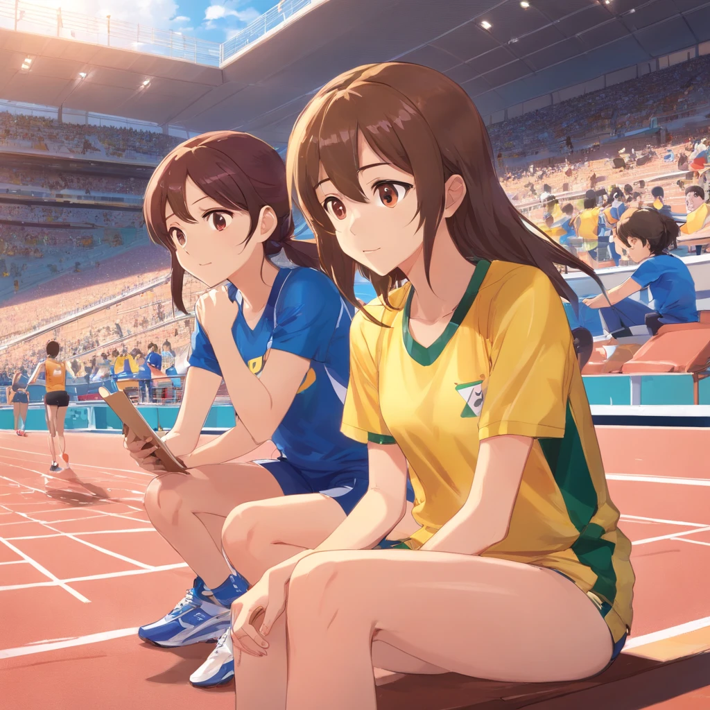 Describe a scene where a women's track and field coach is standing next to a girl who is sitting in the stands, observando atentamente alguns atletas correndo na pista de atletismo. The trainer wears typical clothes of female trainers, incluindo uma camiseta esportiva, shorts, Sneakers and a clipboard in your hands. The girl seems to be completely absorbed in the action, com os olhos fixos nos corredores que passam por ela. The female coach is next to the girl, observando a pista com um olhar atento e orgulhoso. Ela tem um sorriso discreto no rosto, demonstrating his support for the girl and his passion for the sport. The athletics track in front of you is illuminated by the sun, destacando os corpos suados dos corredores em movimento, enquanto a menina e sua treinadora feminina permanecem ali, maravilhadas com a cena diante delas.