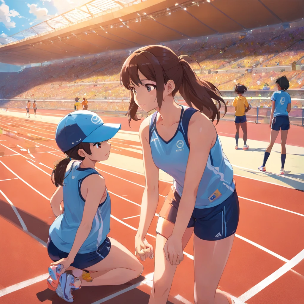 Describe a scene where a women's track and field coach is standing next to a girl who is sitting in the stands, observando atentamente alguns atletas correndo na pista de atletismo. The trainer wears typical clothes of female trainers, incluindo uma camiseta esportiva, shorts, Sneakers and a clipboard in your hands. The girl seems to be completely absorbed in the action, com os olhos fixos nos corredores que passam por ela. The female coach is next to the girl, observando a pista com um olhar atento e orgulhoso. Ela tem um sorriso discreto no rosto, demonstrating his support for the girl and his passion for the sport. The athletics track in front of you is illuminated by the sun, destacando os corpos suados dos corredores em movimento, enquanto a menina e sua treinadora feminina permanecem ali, maravilhadas com a cena diante delas.