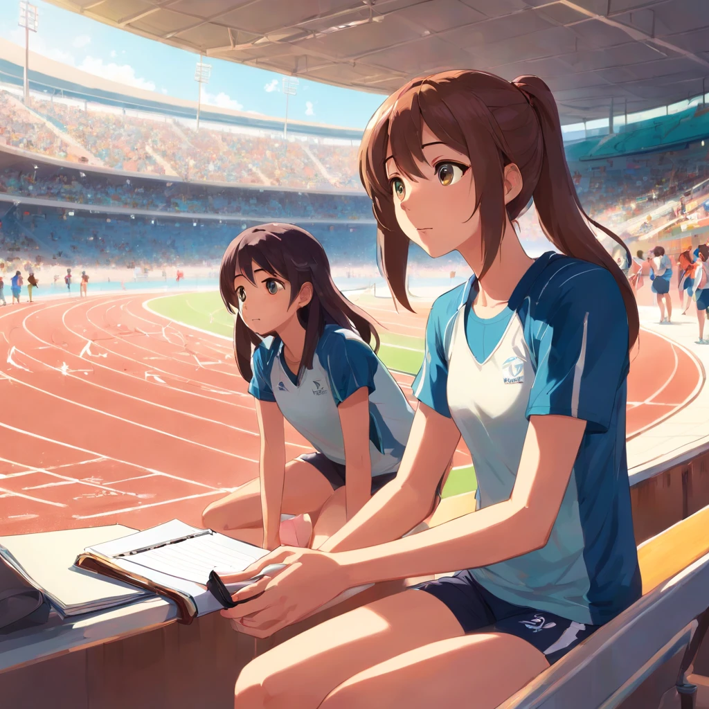 Describe a scene where a women's track and field coach is standing next to a girl who is sitting in the stands, observando atentamente alguns atletas correndo na pista de atletismo. The trainer wears typical clothes of female trainers, incluindo uma camiseta esportiva, shorts, Sneakers and a clipboard in your hands. The girl seems to be completely absorbed in the action, com os olhos fixos nos corredores que passam por ela. The female coach is next to the girl, observando a pista com um olhar atento e orgulhoso. Ela tem um sorriso discreto no rosto, demonstrating his support for the girl and his passion for the sport. The athletics track in front of you is illuminated by the sun, destacando os corpos suados dos corredores em movimento, enquanto a  e sua treinadora feminina permanecem ali, maravilhadas com a cena diante delas.