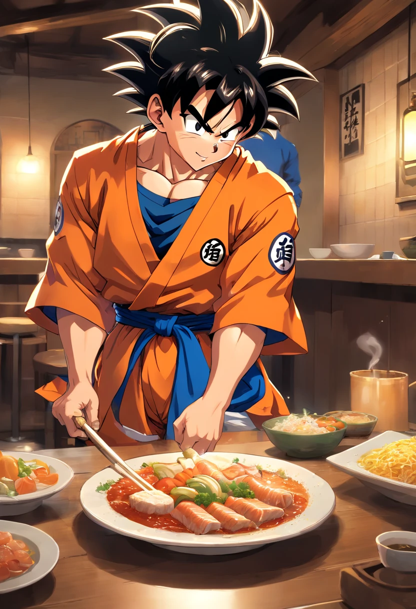 Dragon Ball Goku,Great ape, full body portrait,of a real,Facial features are carefully depicted,Realistic skin texture,Dark style,depth of fields,high light,Real light,Ray traching,oc rendered,Hyper-realistic,best qualtiy,8K,Works of masters,super-fine,Detailed pubic hair,Correct anatomy,sharp focus on eyes,facial features are carefully depicted. Goku Disfrutando de Fideos Chinos en un Restaurante" Description: En un restaurante acogedor con toques orientales, Goku, el famoso guerrero saiyajin, se encuentra en la cocina, rodeado de aromas deliciosos. Dressed in his iconic martial arts uniform, Goku is in a kitchen counter con un plato de tallarines chinos, mientras sostiene los palillos con destreza. With a smile of anticipation, Goku se dispone a saborear los fideos con entusiasmo. His fellow Z warriors meet at a nearby table, Observing with amusement his encounter with terrestrial cuisine. Behind him, los chefs del restaurante, ataviados con sus uniformes tradicionales, They watch with admiration the legendary fighter as he enjoys the meal. The atmosphere is full of warmth and camaraderie, despite the epic adventures that Goku and his friends regularly face. Soft lighting enhances the scene, making the colors of the ingredients and the decoration of the restaurant shine with a cozy luminosity. La imagen captura un momento inusual y relajado en la vida de Goku, showing his most human side while enjoying an earthy meal in the midst of his amazing exploits.