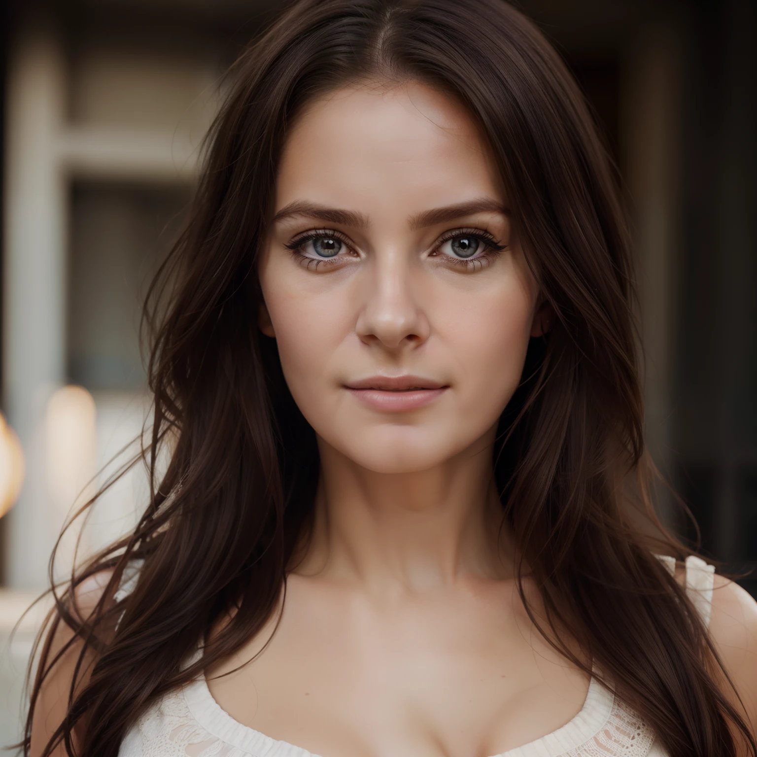 photo realistic portrait, head shot, boutique owner, named Lyra, sweet face, trustworthy face, kind face, pretty face, messy hair, 4k resolution, photorealistic rendering, using cinema 4D, hyper realistic