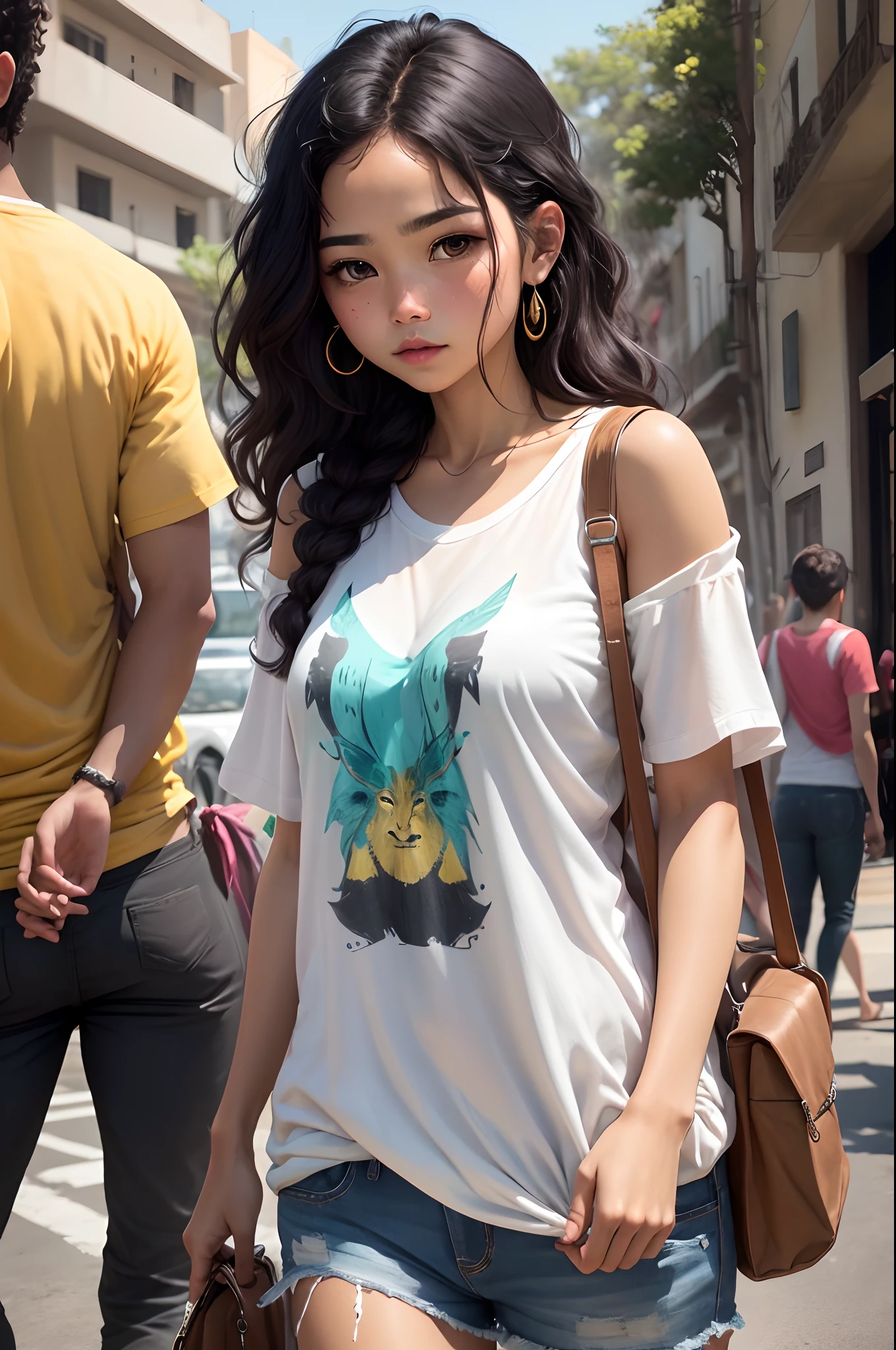 mulher morena jambo/indigenous mestizo skin / cabelo liso /olhos puxados linda / olhando pra rua na varanda/ de blusa e bermudamulher morena jambo/indigenous mestizo skin / cabelo liso /olhos puxados linda / olhando pra rua na varanda/ de blusa e bermuda