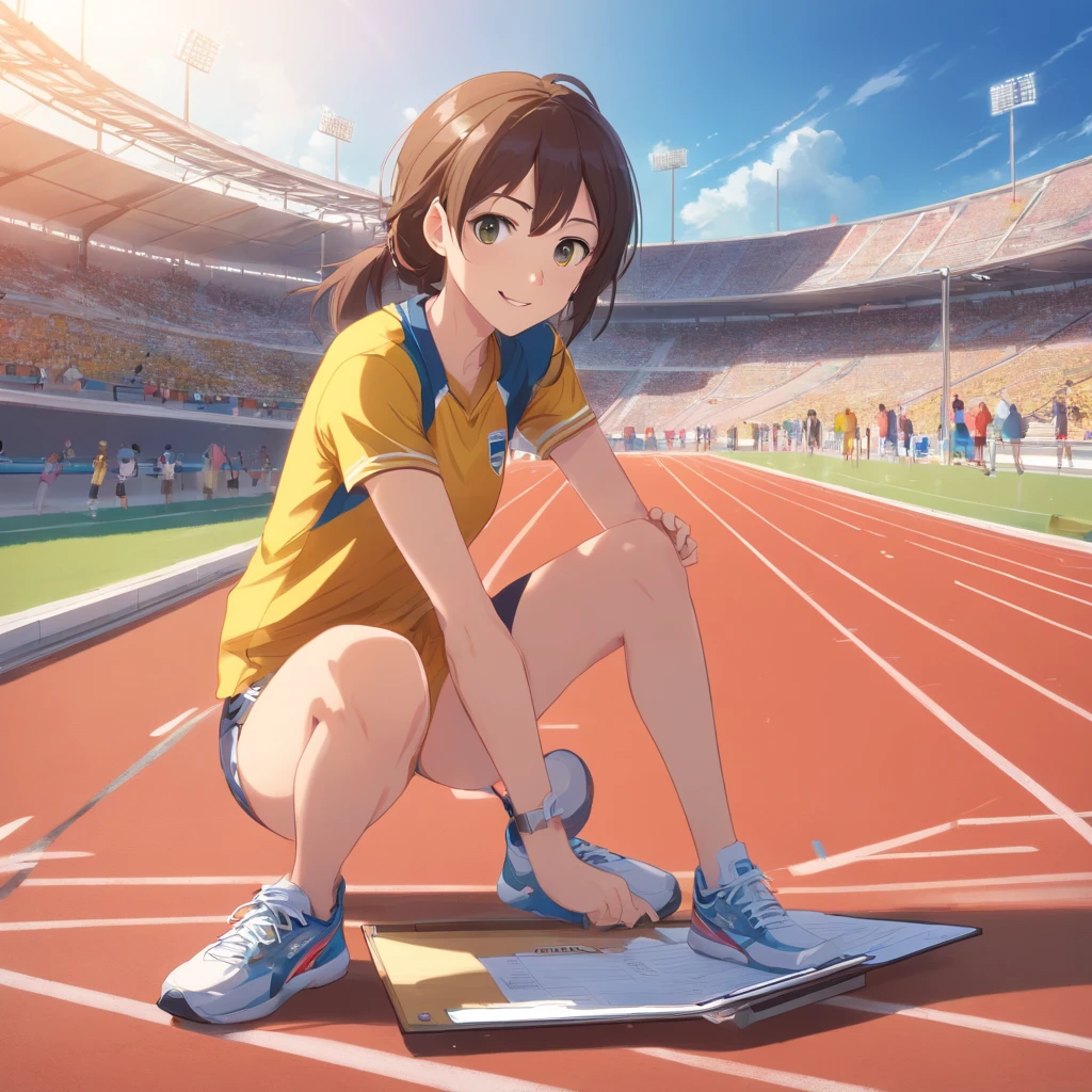 A scene in which a tall, female track and field coach is standing next to a girl who is sitting in the stands, observando atentamente alguns atletas correndo na pista de atletismo. The coach is remarkably tall, Standing out from the crowd. She wears typical trainer clothes, incluindo uma camiseta esportiva, shorts, Sneakers and a clipboard in your hands. The girl seems to be completely absorbed in the action, com os olhos fixos nos corredores que passam por ela. The tall coach is next to the girl, observando a pista com um olhar atento e orgulhoso. Ela tem um sorriso discreto no rosto, demonstrating his support for the girl and his passion for the sport. The athletics track in front of you is illuminated by the sun, destacando os corpos suados dos corredores em movimento, enquanto a menina e sua treinadora alta permanecem ali, maravilhadas com a cena diante delas