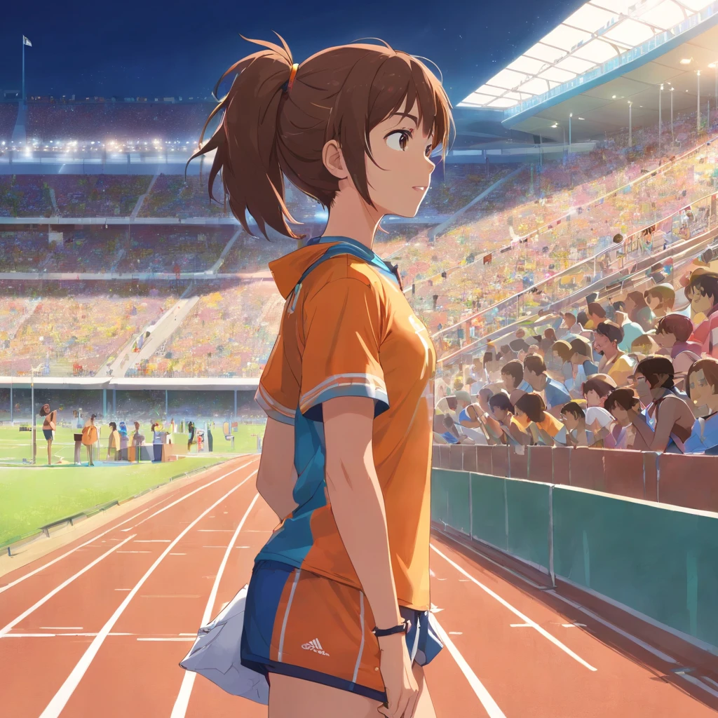 A scene in which a tall, female track and field coach is standing next to a girl who is sitting in the stands, observando atentamente alguns atletas correndo na pista de atletismo. The coach is remarkably tall, Standing out from the crowd. She wears typical trainer clothes, incluindo uma camiseta esportiva, shorts, Sneakers and a clipboard in your hands. The girl seems to be completely absorbed in the action, com os olhos fixos nos corredores que passam por ela. The tall coach is next to the girl, observando a pista com um olhar atento e orgulhoso. Ela tem um sorriso discreto no rosto, demonstrating his support for the girl and his passion for the sport. The athletics track in front of you is illuminated by the sun, destacando os corpos suados dos corredores em movimento, enquanto a e sua treinadora alta permanecem ali, maravilhadas com a cena diante delas