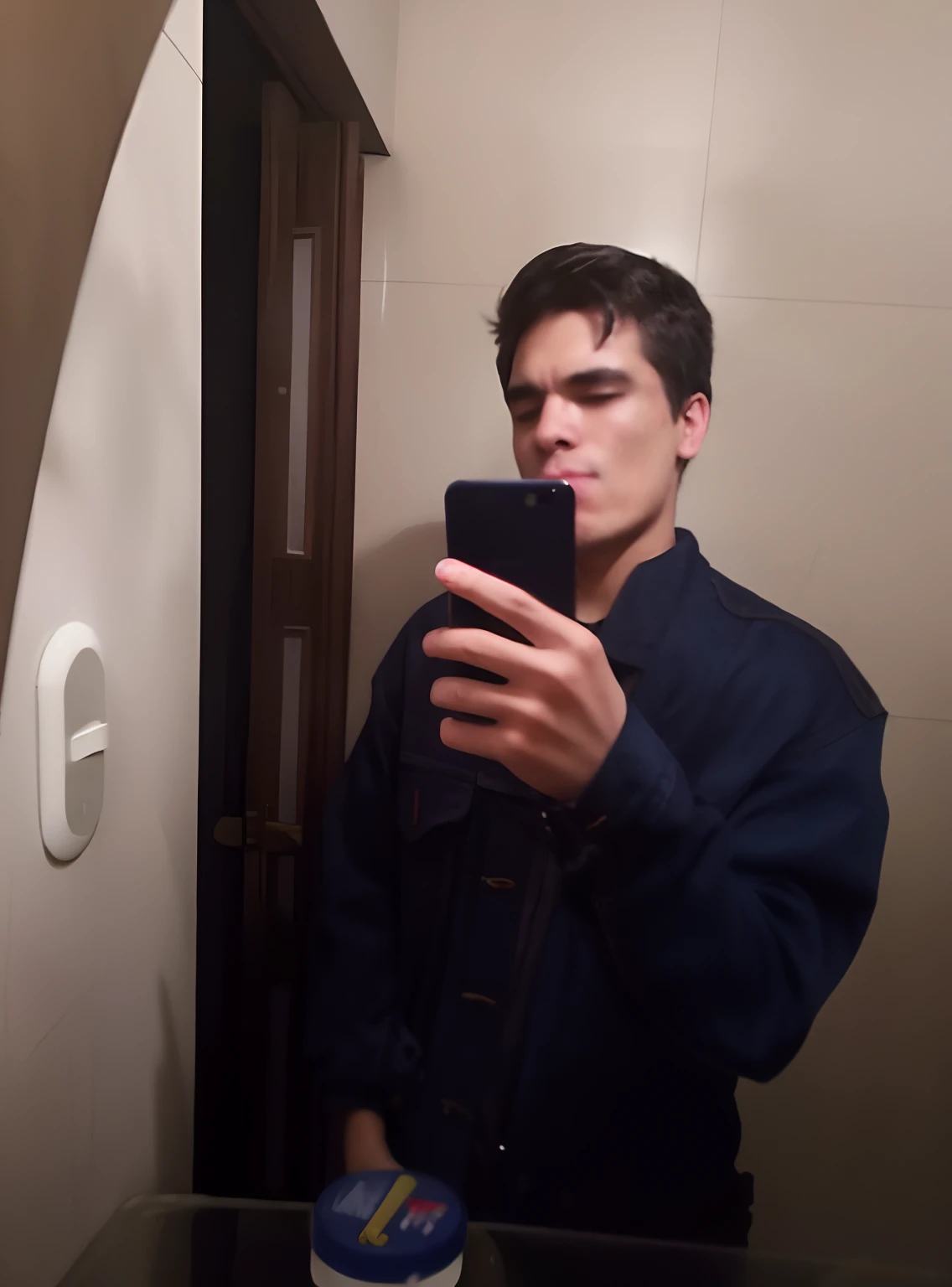 there is a man taking a selfie in a mirror, around 1 9 , very very low quality picture, alejandro, inspired by Antônio Parreiras, profile shot, around 20 yo, mirror selfie, 1614572159, michal, low quality photo, picture