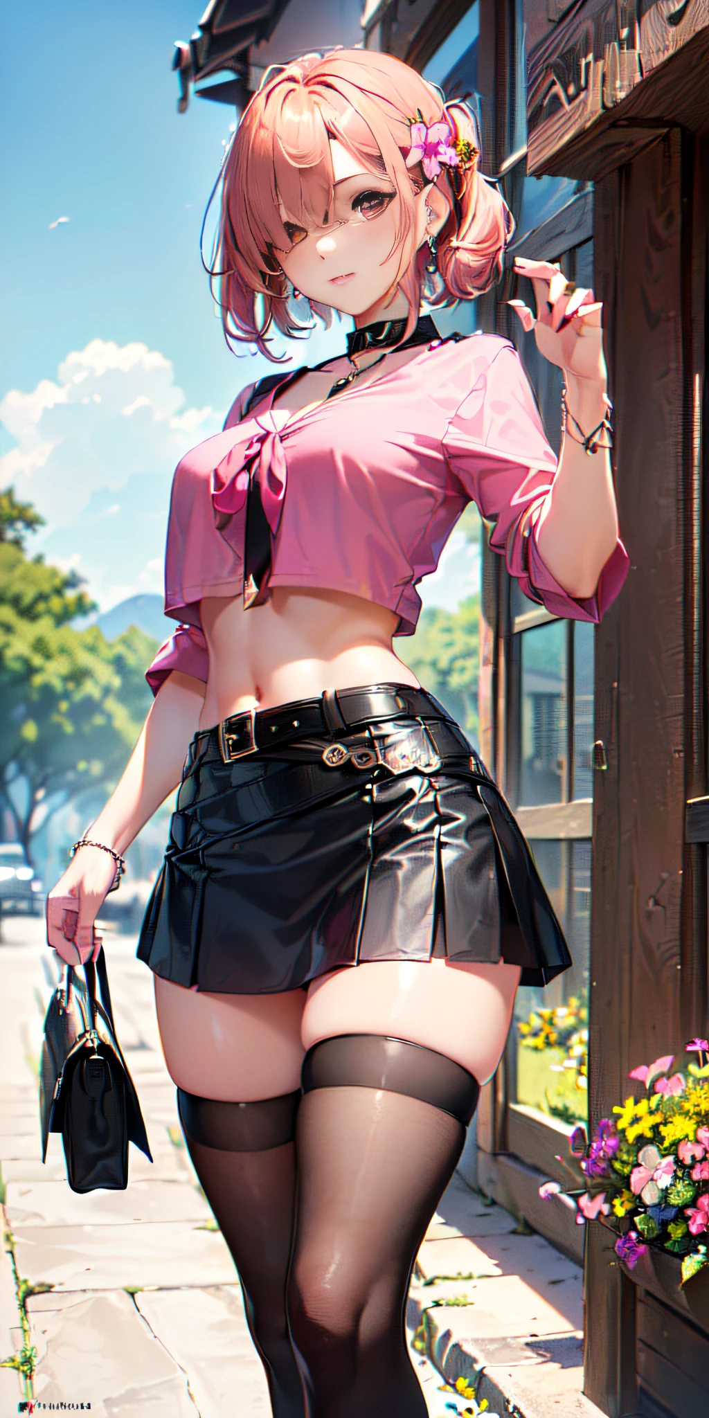 Highest Quality, masterpiece, beautifully detailed eyes,, short Blonde Hair, Gradient Hair, pink highlights in hair, medium breasts, standing, makeup, glossy lips, full lips, (natural lighting), grass, button up shirt, thong straps, light smile, midriff, collarbone, thigh highs, miniskirt, cleavage