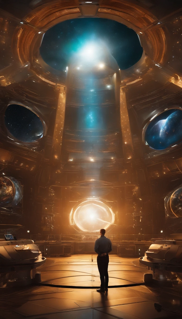 The technician ,The expression is one of astonishment, Ao fundo, There is a large space observatory,There are many large screens and staff