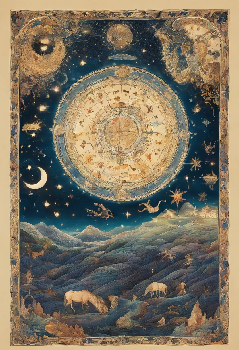 An image of a starry sky, with the constellations of the zodiac highlighted.